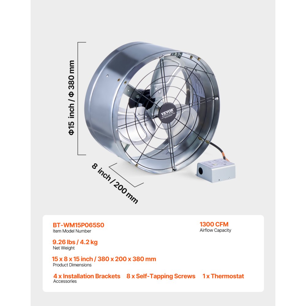 VEVOR Gable Mount Fan, 15 Inch Attic Exhaust Fan with Adjustable Thermostat & Outer Mesh, 1300 CFM House Ventilator Cools Up to 1850 Sq.Ft, Quiet Ventilation for Roof, Garage & Shop, Galvanized Color