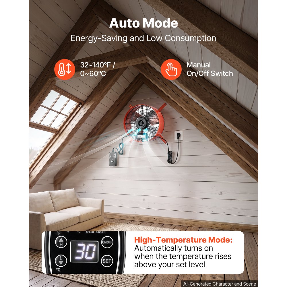 VEVOR Gevelventilator 38,1 cm, zolderventilator met een luchtstroom van 2803,4 m³/u, oranje, koeling en luchtcirculatie voor zolder, werkplaats en woning, behuizing van koolstofstaal, met thermostaat, netsnoer en bedieningskabel.