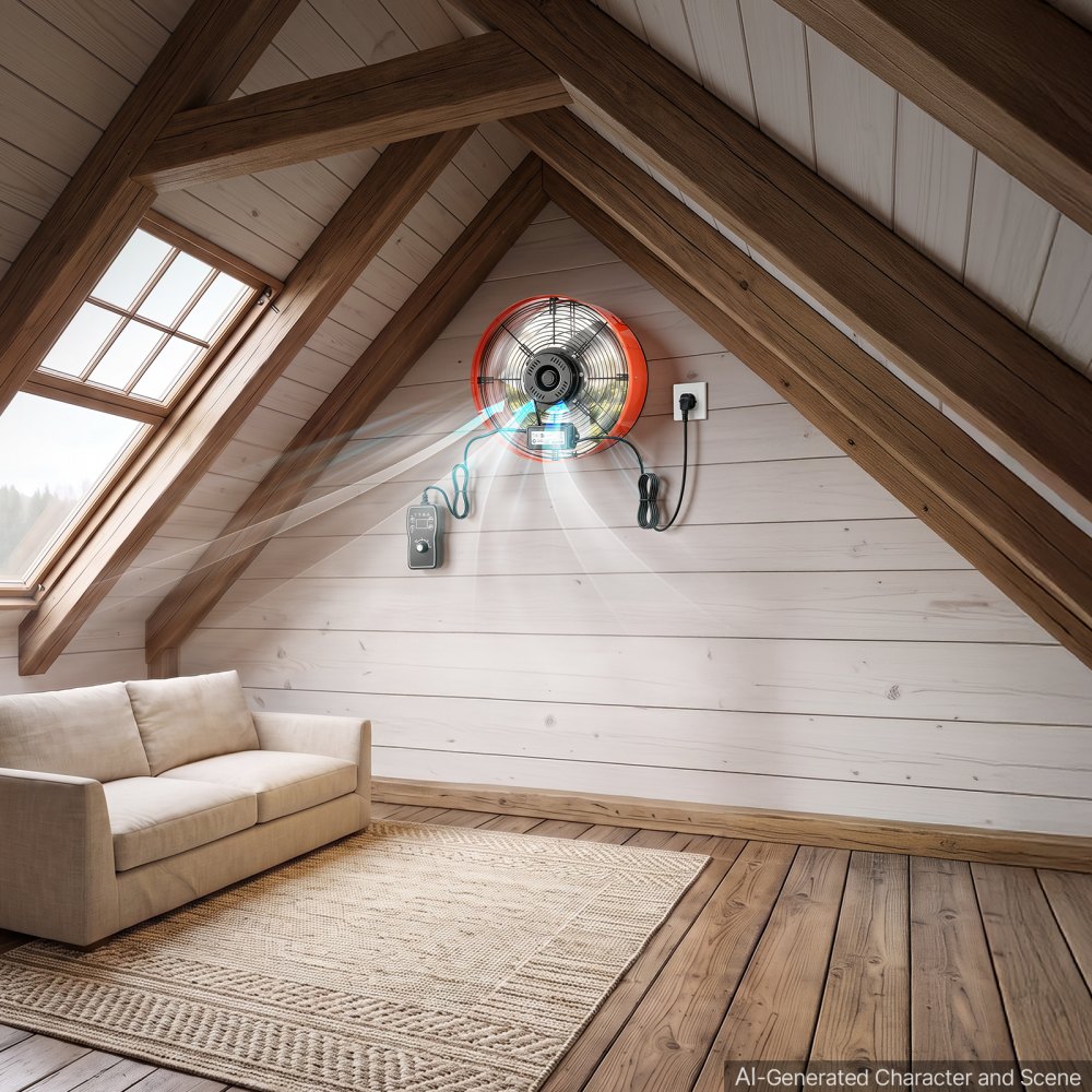 VEVOR Gevelventilator 38,1 cm, zolderventilator met een luchtstroom van 2803,4 m³/u, oranje, koeling en luchtcirculatie voor zolder, werkplaats en woning, behuizing van koolstofstaal, met thermostaat, netsnoer en bedieningskabel.