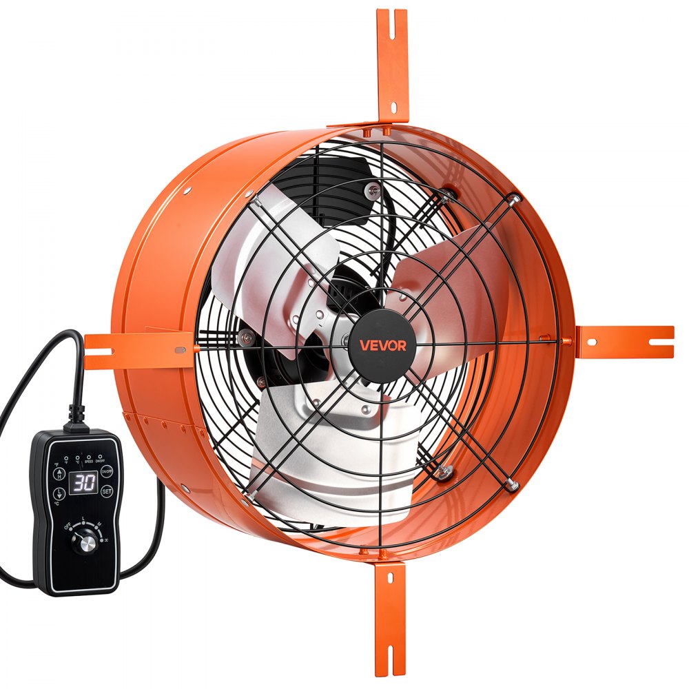VEVOR Gevelventilator 38,1 cm, zolderventilator met een luchtstroom van 2803,4 m³/u, oranje, koeling en luchtcirculatie voor zolder, werkplaats en woning, behuizing van koolstofstaal, met thermostaat, netsnoer en bedieningskabel.