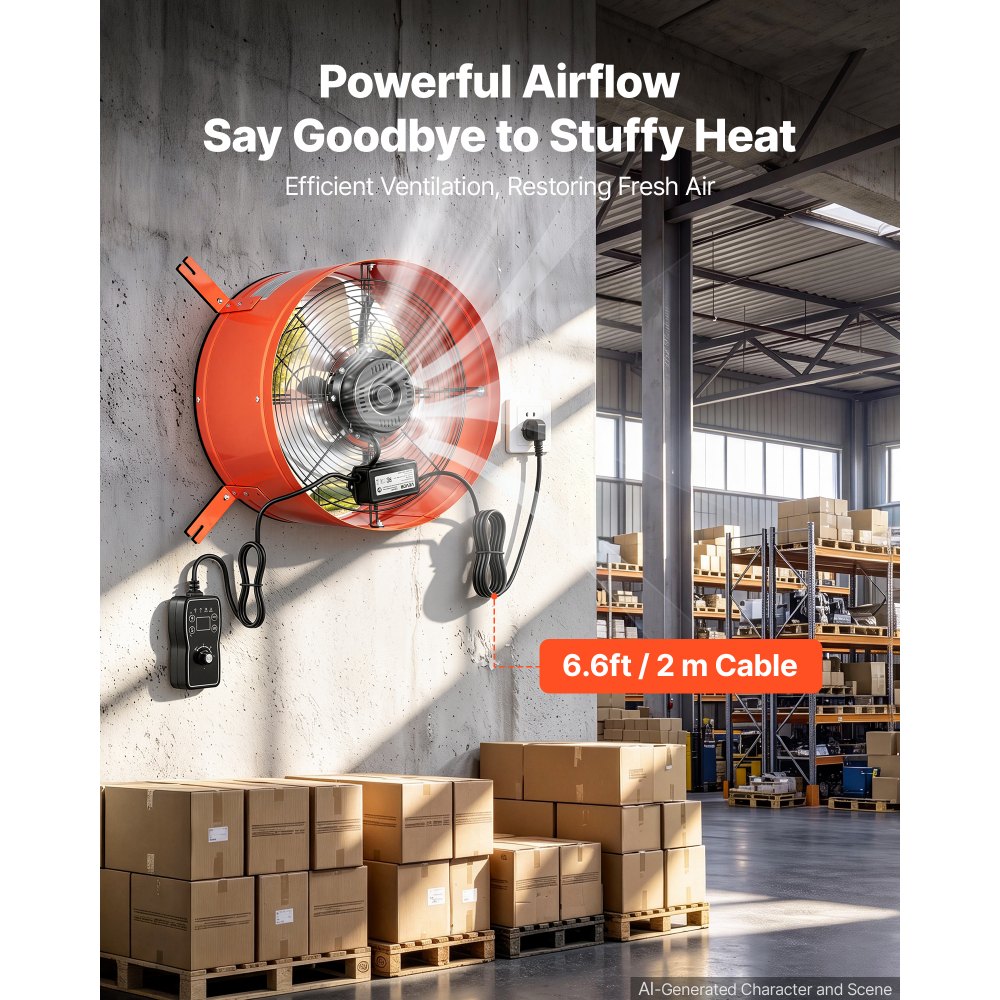 VEVOR Gevelventilator 40,6 cm, zolderventilator met een luchtstroom van 3304,6 m³/u, oranje, koeling en luchtcirculatie voor zolder, werkplaats en garage, behuizing van koolstofstaal, met thermostaat, netsnoer en bedieningskabel.