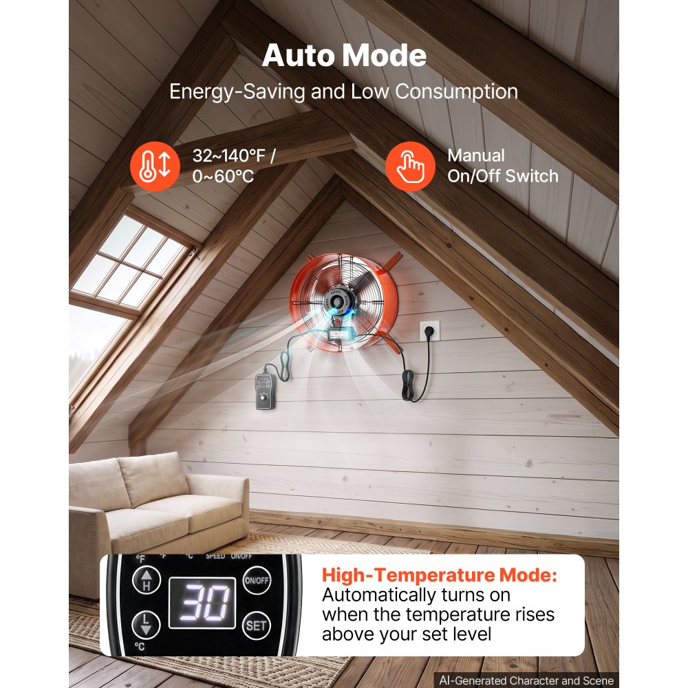 VEVOR Gevelventilator 40,6 cm, zolderventilator met een luchtstroom van 3304,6 m³/u, oranje, koeling en luchtcirculatie voor zolder, werkplaats en garage, behuizing van koolstofstaal, met thermostaat, netsnoer en bedieningskabel.