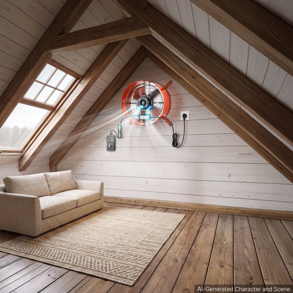 VEVOR Gevelventilator 40,6 cm, zolderventilator met een luchtstroom van 3304,6 m³/u, oranje, koeling en luchtcirculatie voor zolder, werkplaats en garage, behuizing van koolstofstaal, met thermostaat, netsnoer en bedieningskabel.