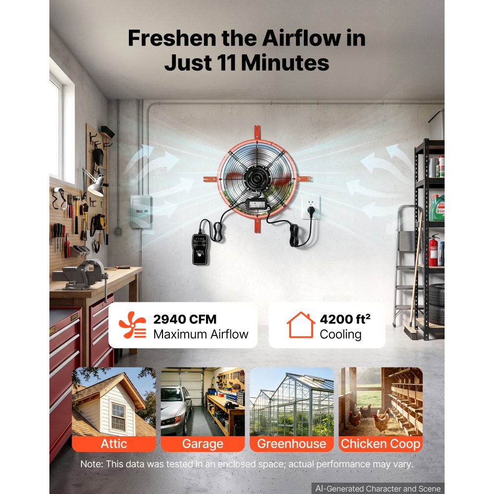VEVOR Gevelventilator 40,6 cm, zolderventilator met een luchtstroom van 4995,1 m³/u, oranje, koeling en luchtcirculatie voor zolder, werkplaats en opslagruimte, behuizing van koolstofstaal, met thermostaat, netsnoer en bedieningskabel.