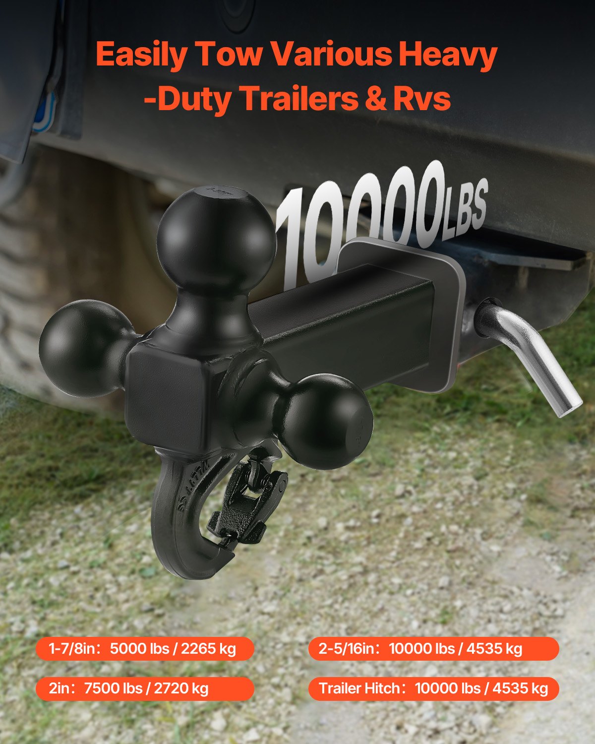 VEVOR Trailer Hitch, Tri-Ball Mount with Hook & Pin, Trailer Ball Size 1-7/8", 2" and 2-5/16", Fit 2-Inch Hitch Receiver, Max 10,000 lbs Ball Hitch, Towing Hitch for RVs, SUVs, ATVs, and Trucks, Black