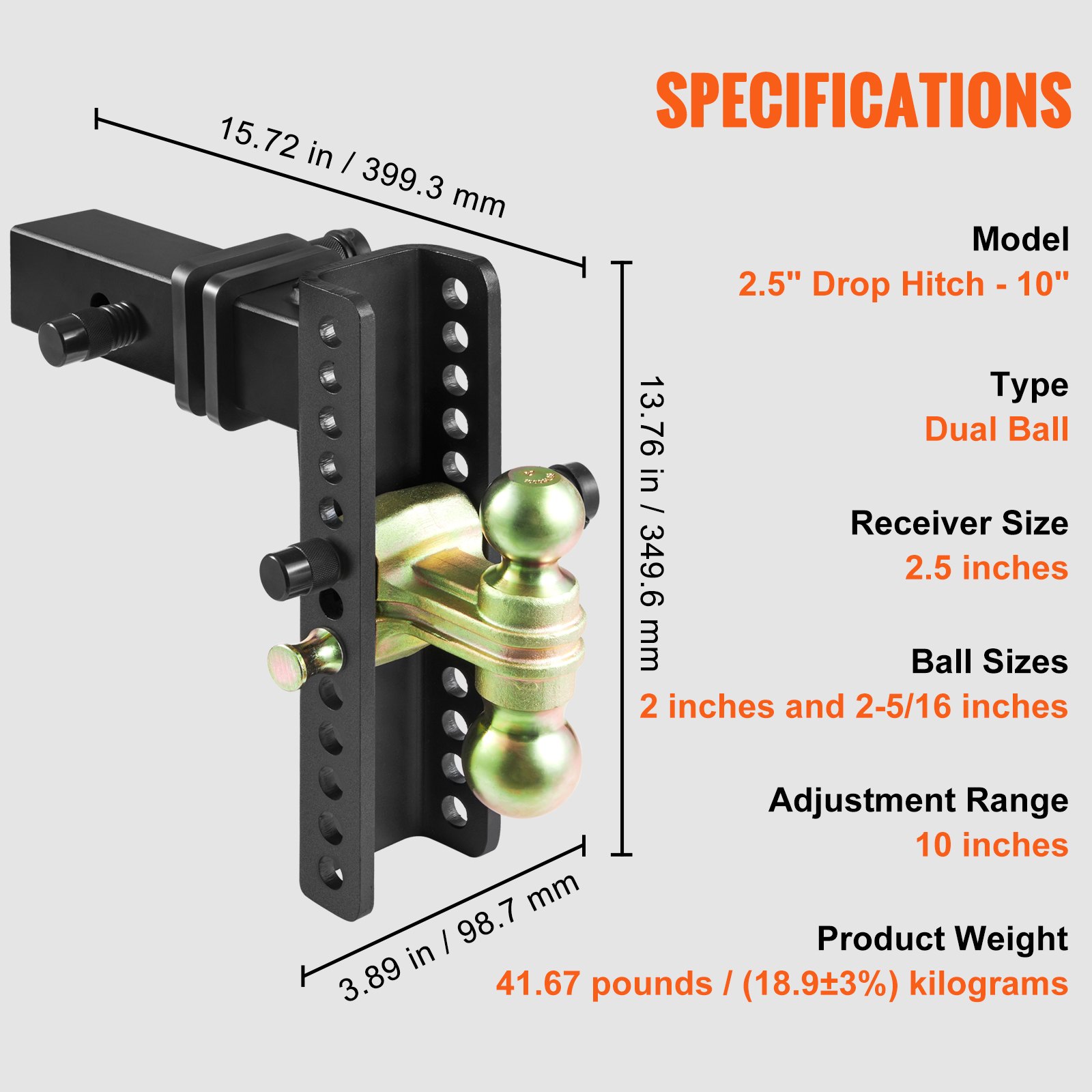 VEVOR Adjustable Trailer Hitch, 10-Inch Drop & 8.5-Inch Rise Hitch Ball Mount with 2.5-Inch Receiver Solid Tube, 14,500 lbs GTW, 2-Inch & 2-5/16-Inch 45# Steel Tow Balls with Key Lock for Truck Towing