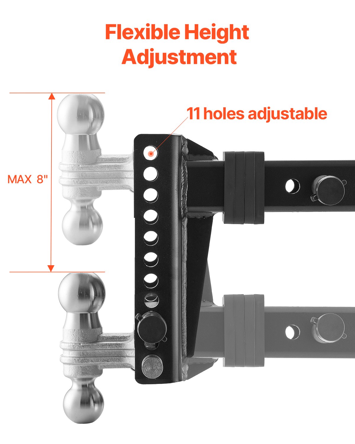 VEVOR Adjustable Trailer Hitch, 8" Drop Hitch Ball Mount, Fit 2.5" Receiver, Heavy Duty Trailer Tow Hitch with 2" & 2-5/16"Balls, 22000 lbs GTW, Receiver Hitch with Anti-Theft Pin, Solid Ball Mount