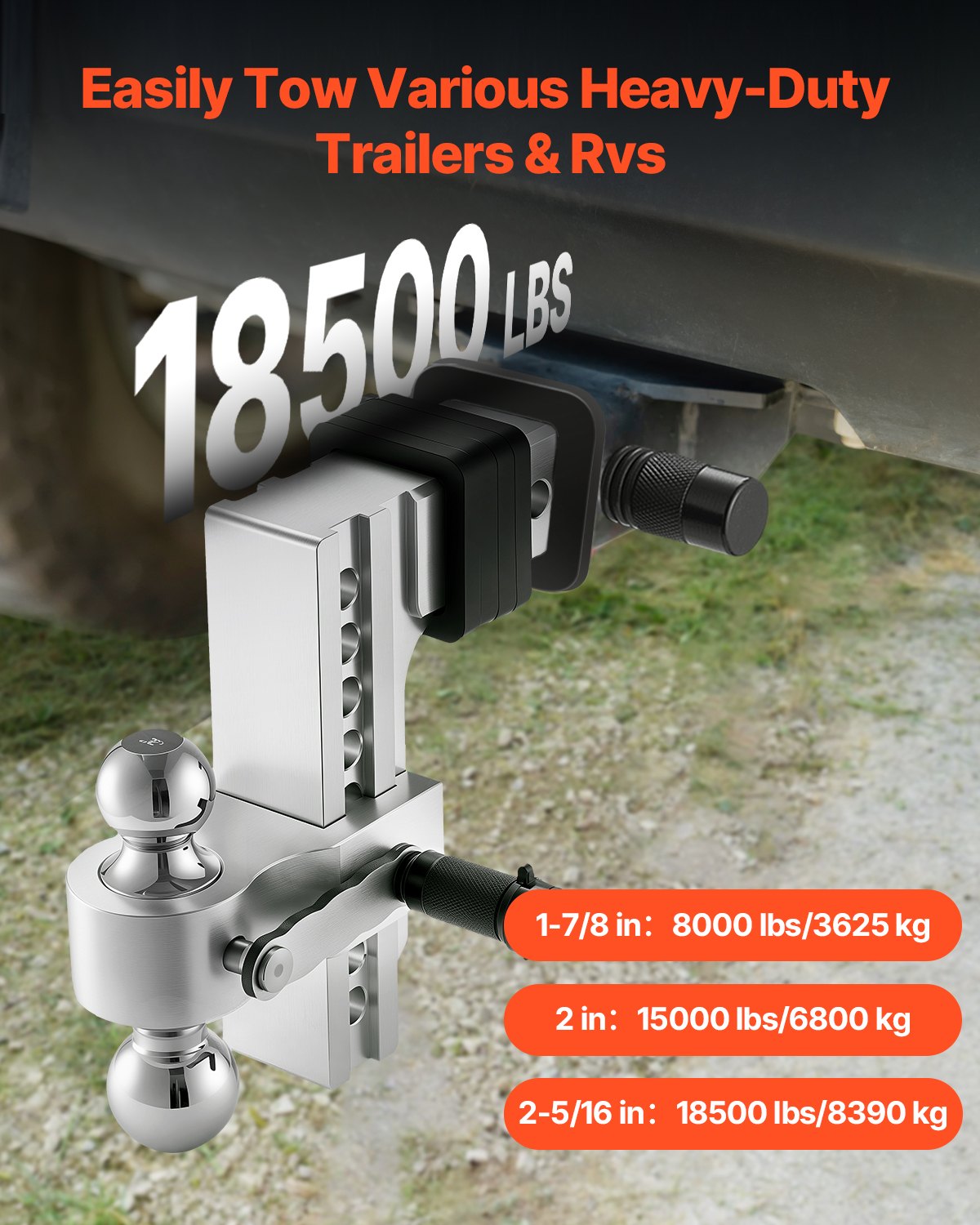 VEVOR Adjustable Trailer Hitch, 8-Inch Drop Hitch, Tri-Ball Mount for 2.5-Inch Hitch Receiver, Trailer Ball Size 1-7/8", 2" & 2-5/16", Max 18500 lbs Ball Hitch, Towing Hitch for RVs, ATVs, and Trucks