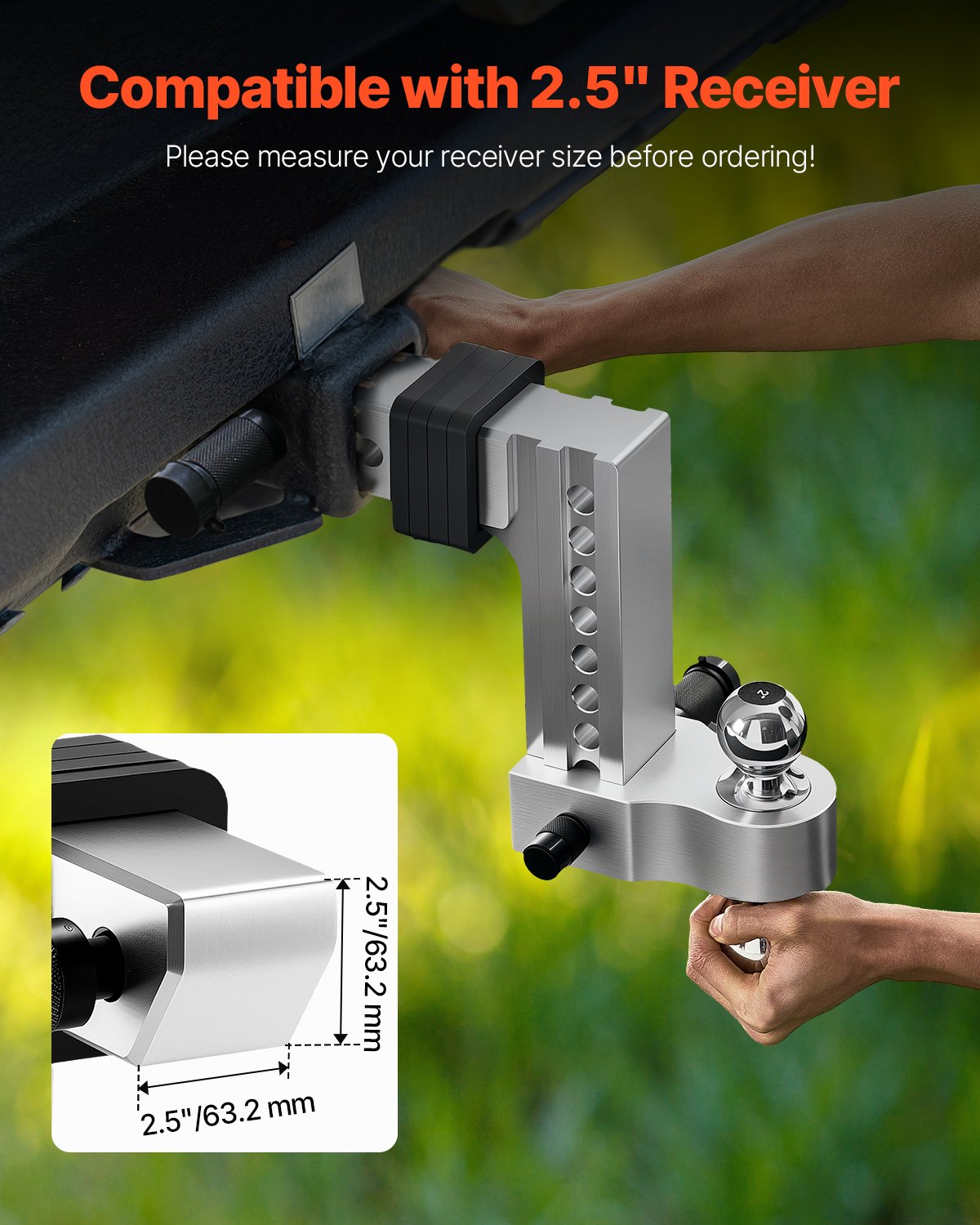 VEVOR Adjustable Trailer Hitch, 8-Inch Drop Hitch, Tri-Ball Mount for 2.5-Inch Hitch Receiver, Trailer Ball Size 1-7/8", 2" & 2-5/16", Max 18500 lbs Ball Hitch, Towing Hitch for RVs, ATVs, and Trucks