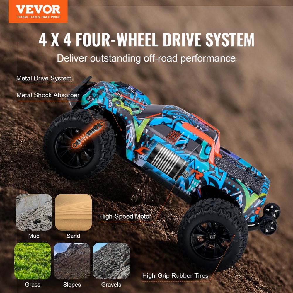 VEVOR Remote Control Car, 1:14 Scale RC Car for Kids, All Terrain 4WD Off-Road Truck with 45° Wheelie & Adjustable Speed, 42 km/h High-Speed Hobby RC Racing Car Toy, Ideal Gift for 8+ Year Boys Girls