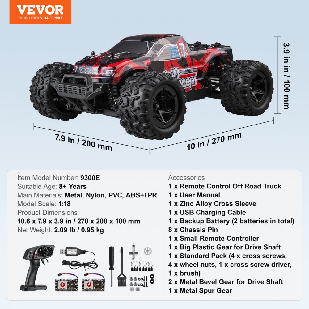 VEVOR Afstandsbedieningsauto, schaal 1:18, RC-auto, all-terrain 4WD off-road monstertruck met 45° wheelie en 2 accu's, 36 km/u hogesnelheidsspeelgoedauto, ideaal voor kinderen vanaf 8 jaar, IPX4