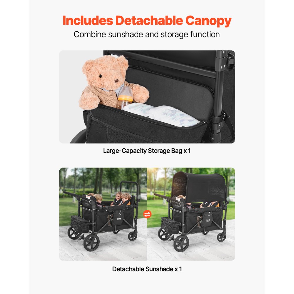 VEVOR Wagon Stroller for 4 Kids, Push Pull Quad Collapsible Stroller with Adjustable Handle, 5-Point Safety Harness & Removable Canopy, 4-Seater Stroller Wagon for Camping, Black (330LBS Loading)