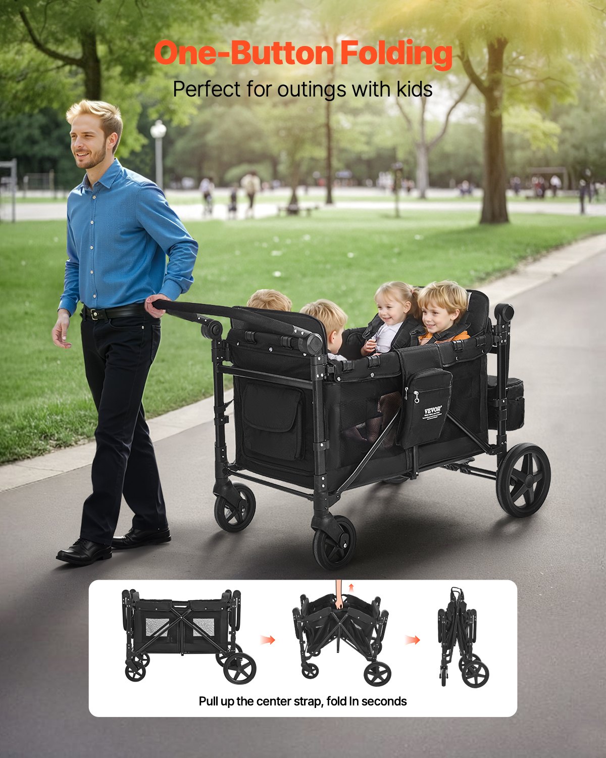 VEVOR Wagon Stroller for 4 Kids, Push Pull Quad Collapsible Stroller with Adjustable Handle, 5-Point Safety Harness & Removable Canopy, 4-Seater Stroller Wagon for Camping, Black (330LBS Loading)
