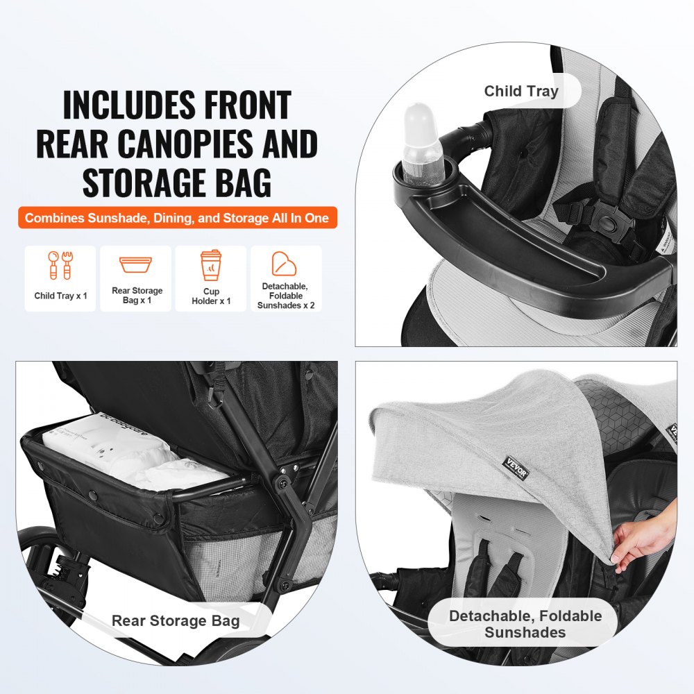 VEVOR Dubbele Kinderwagen, Opvouwbare Lichtgewicht Tweeling Kinderwagen met Tandemzitje, Verstelbare Rugleuning/Voetensteun, Veiligheidsgordel rondom, Opbergmand en Tray, voor Pasgeborenen en Peuters (Lichtgrijs, Zwart)