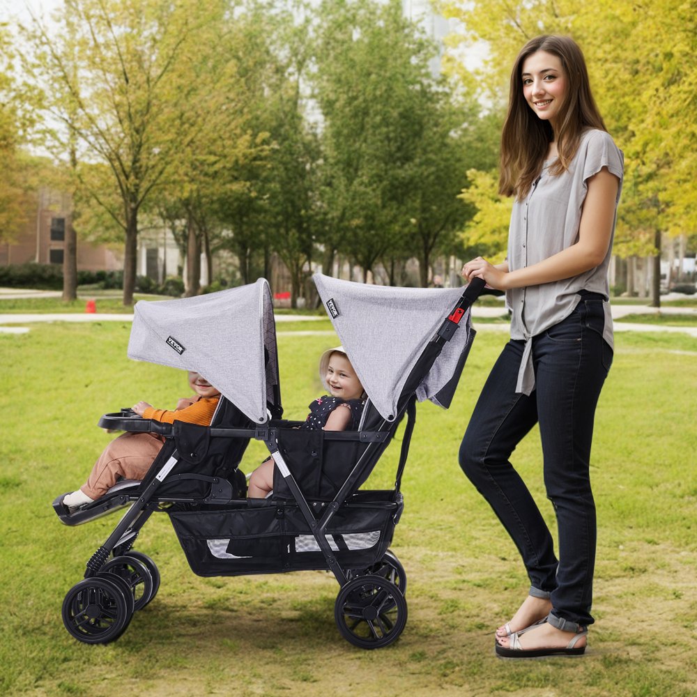 VEVOR Dubbele Kinderwagen, Opvouwbare Lichtgewicht Tweeling Kinderwagen met Tandemzitje, Verstelbare Rugleuning/Voetensteun, Veiligheidsgordel rondom, Opbergmand en Tray, voor Pasgeborenen en Peuters (Lichtgrijs, Zwart)