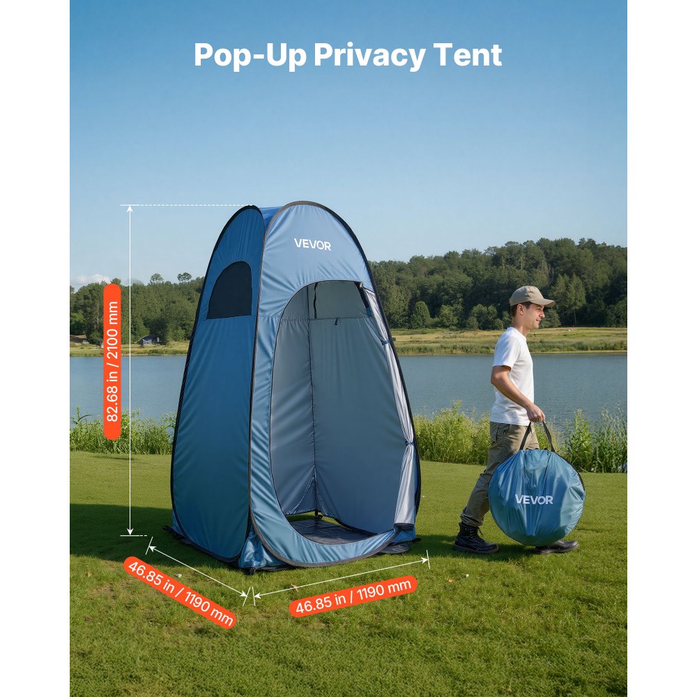 VEVOR Douchetent (119x119x210 cm) Pop-up Toilettent met snelle opzet, Omkleedtent inclusief haringen, touwen en draagtas, gemaakt van 190T polyester, ideaal voor kamperen, strand, vissen, blauw
