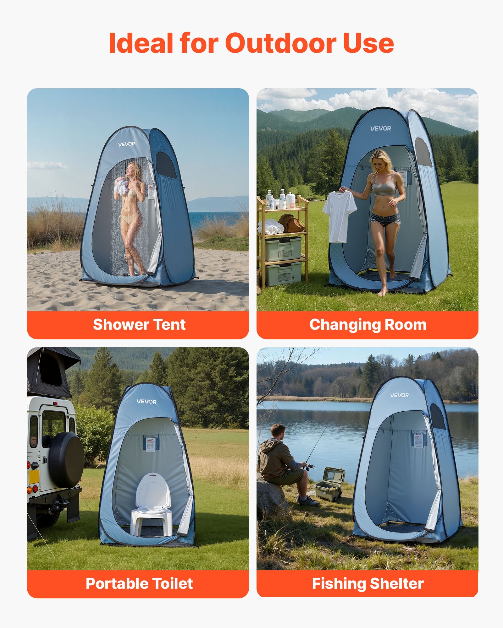 VEVOR Pop up Shower Tent, Instant Portable Privacy Tent Changing Room with Ground Stakes, Ropes, and Carry Bag, 190T Polyester with Silver Coating, Quick Setup, for Camping, Beach, Fishing, Blue