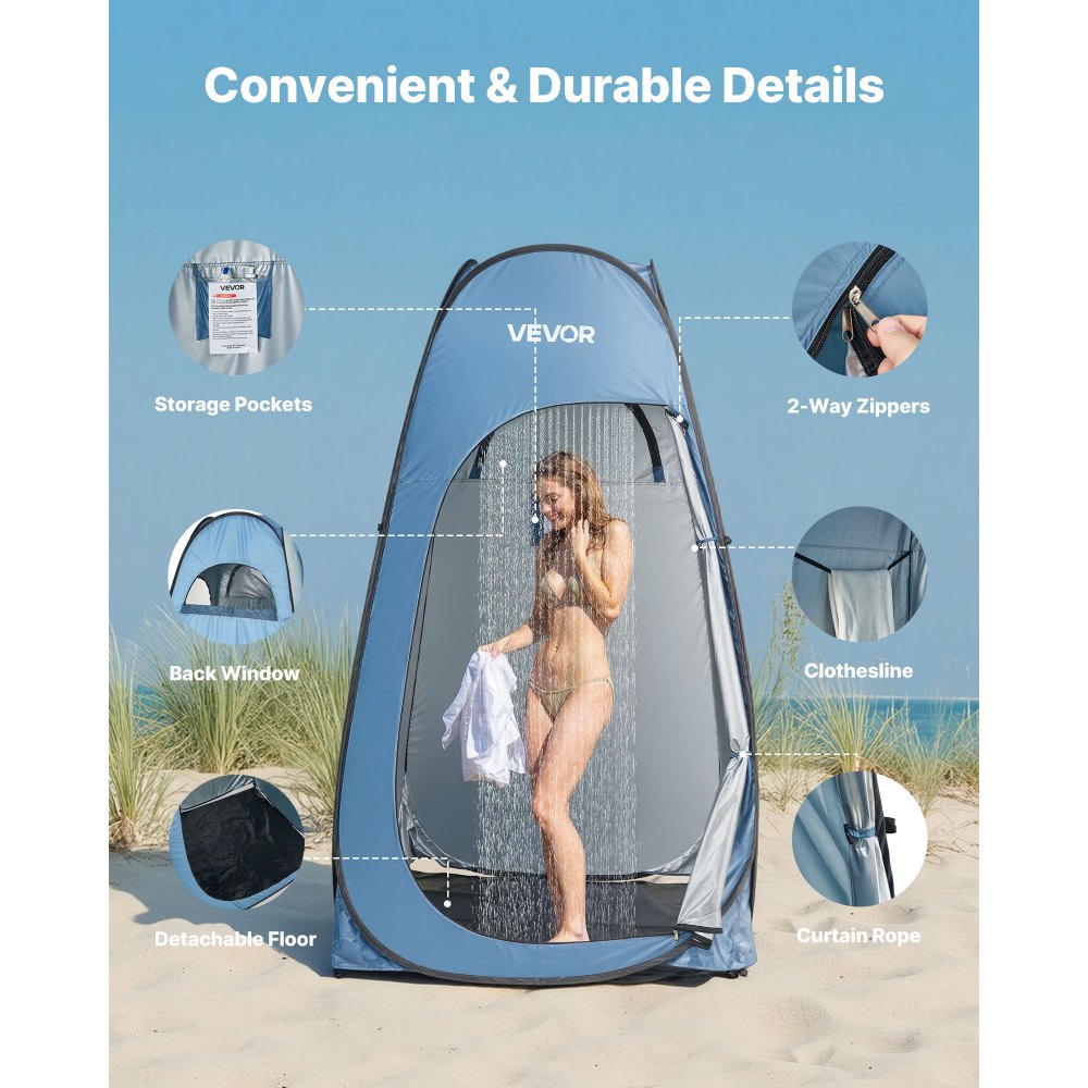 VEVOR Pop up Shower Tent, Instant Portable Privacy Tent Changing Room with Hanging Bag, Ground Stakes, Ropes, Carry Bag, 190T Polyester with Silver Coating, Quick Setup, for Camping, Beach, Fishing