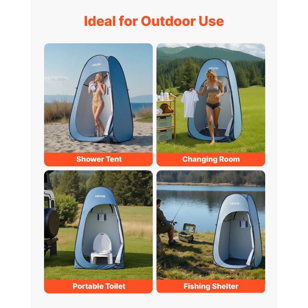 VEVOR Pop up Shower Tent, Instant Portable Privacy Tent Changing Room with Shower Bag, Ground Stakes, Ropes, Carry Bag, 190T Polyester with Silver Coating, Quick Setup, for Camping, Beach, Fishing