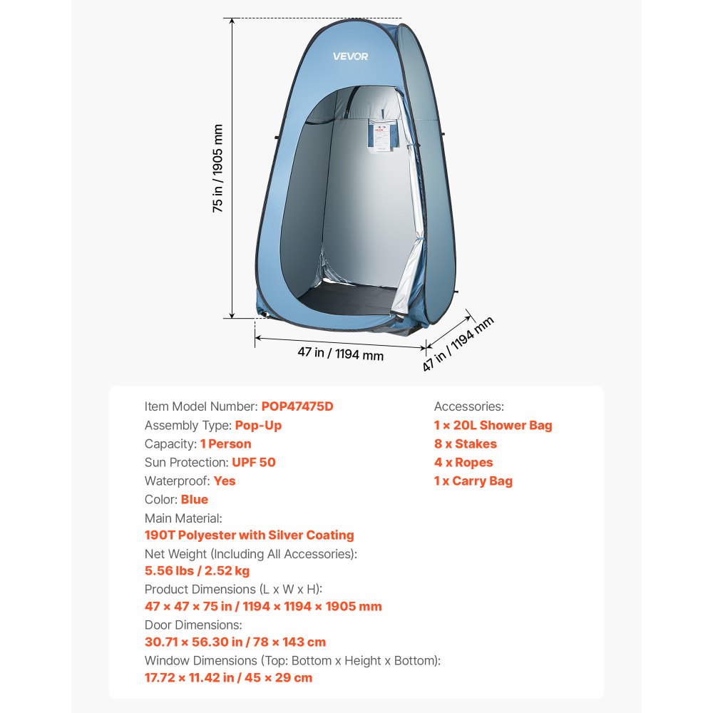 VEVOR Pop up Shower Tent, Instant Portable Privacy Tent Changing Room with Shower Bag, Ground Stakes, Ropes, Carry Bag, 190T Polyester with Silver Coating, Quick Setup, for Camping, Beach, Fishing