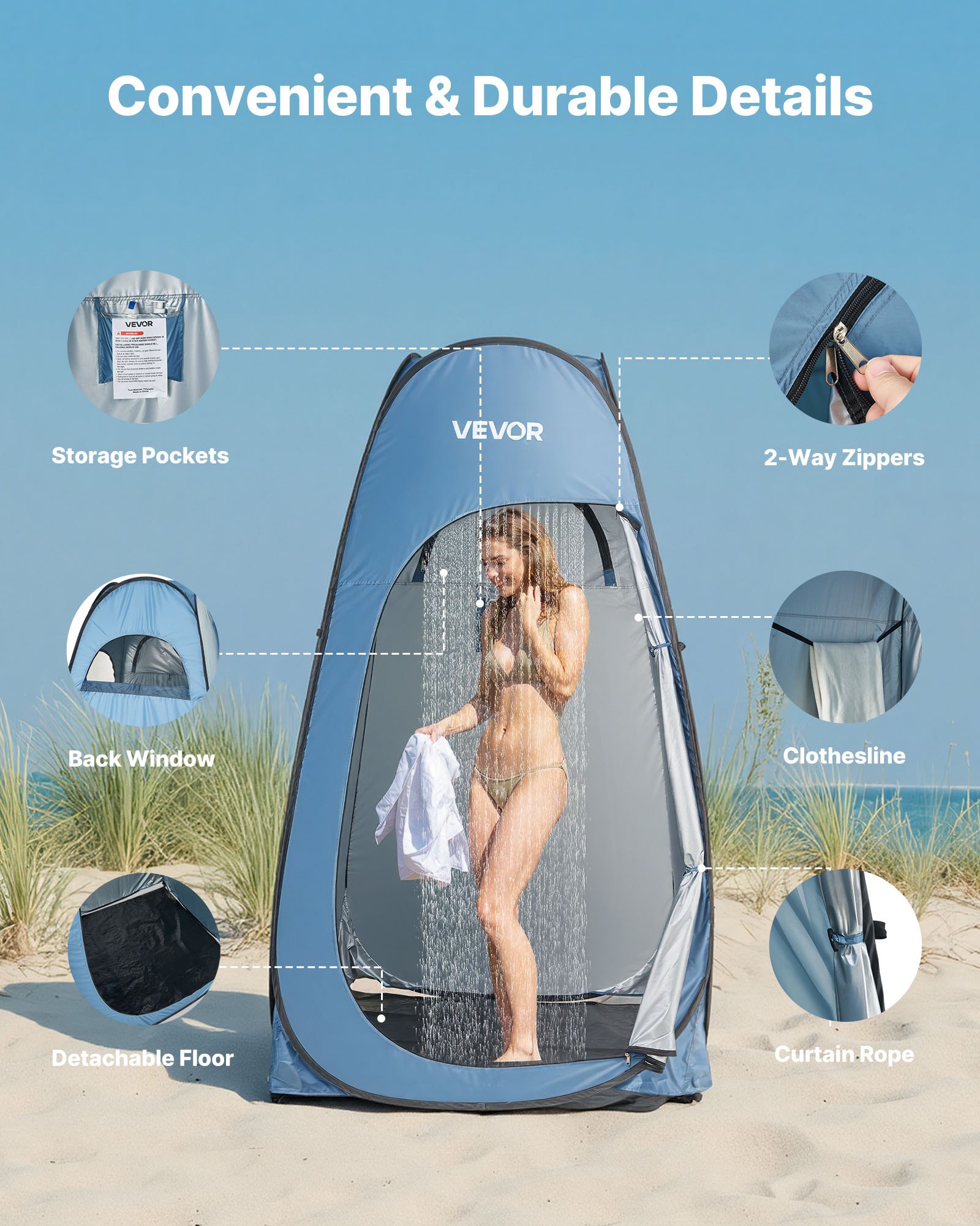 VEVOR Pop up Shower Tent, Instant Portable Privacy Tent Changing Room with Shower Bag, Ground Stakes, Ropes, Carry Bag, 190T Polyester with Silver Coating, Quick Setup, for Camping, Beach, Fishing