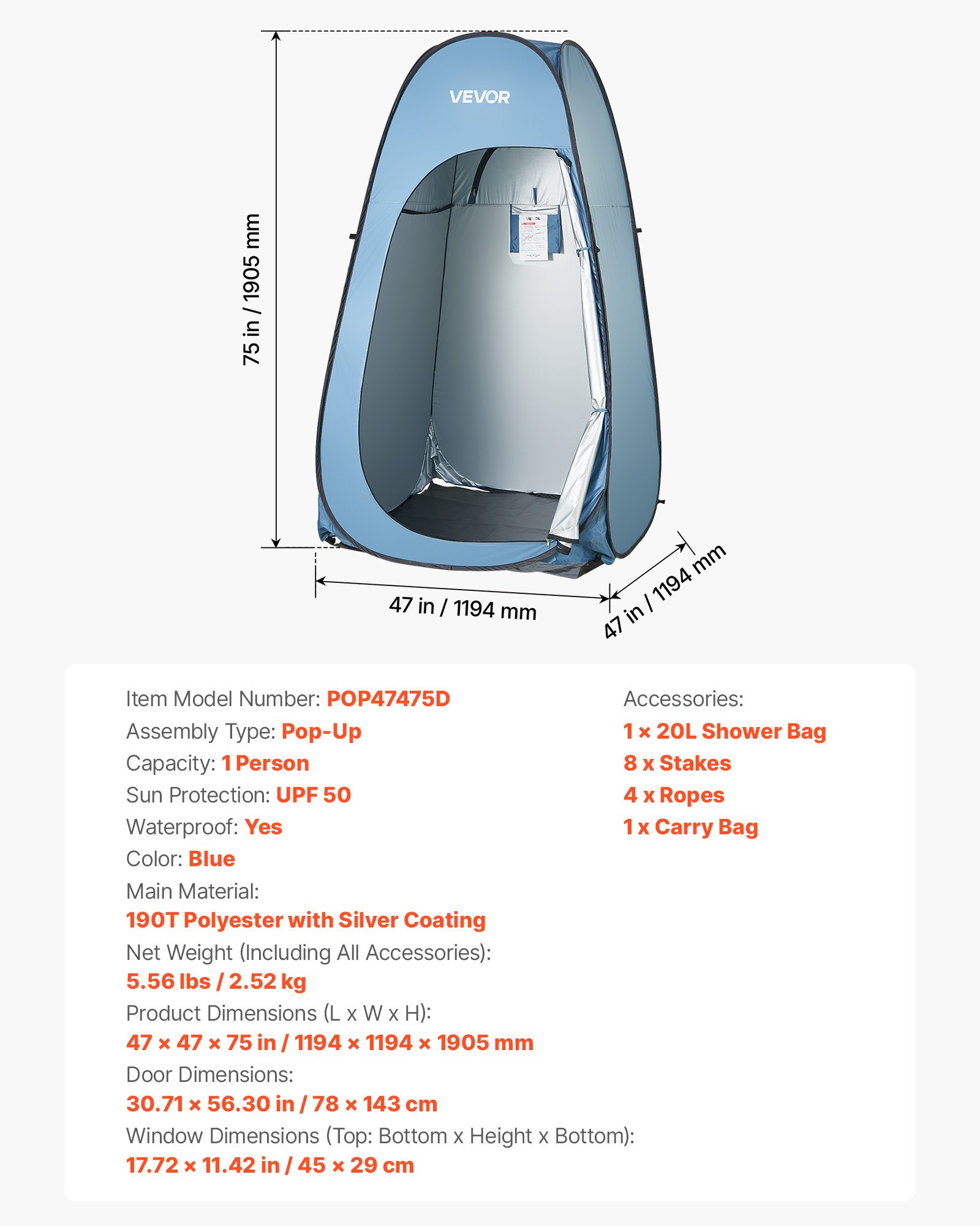 VEVOR Pop up Shower Tent, Instant Portable Privacy Tent Changing Room with Shower Bag, Ground Stakes, Ropes, Carry Bag, 190T Polyester with Silver Coating, Quick Setup, for Camping, Beach, Fishing