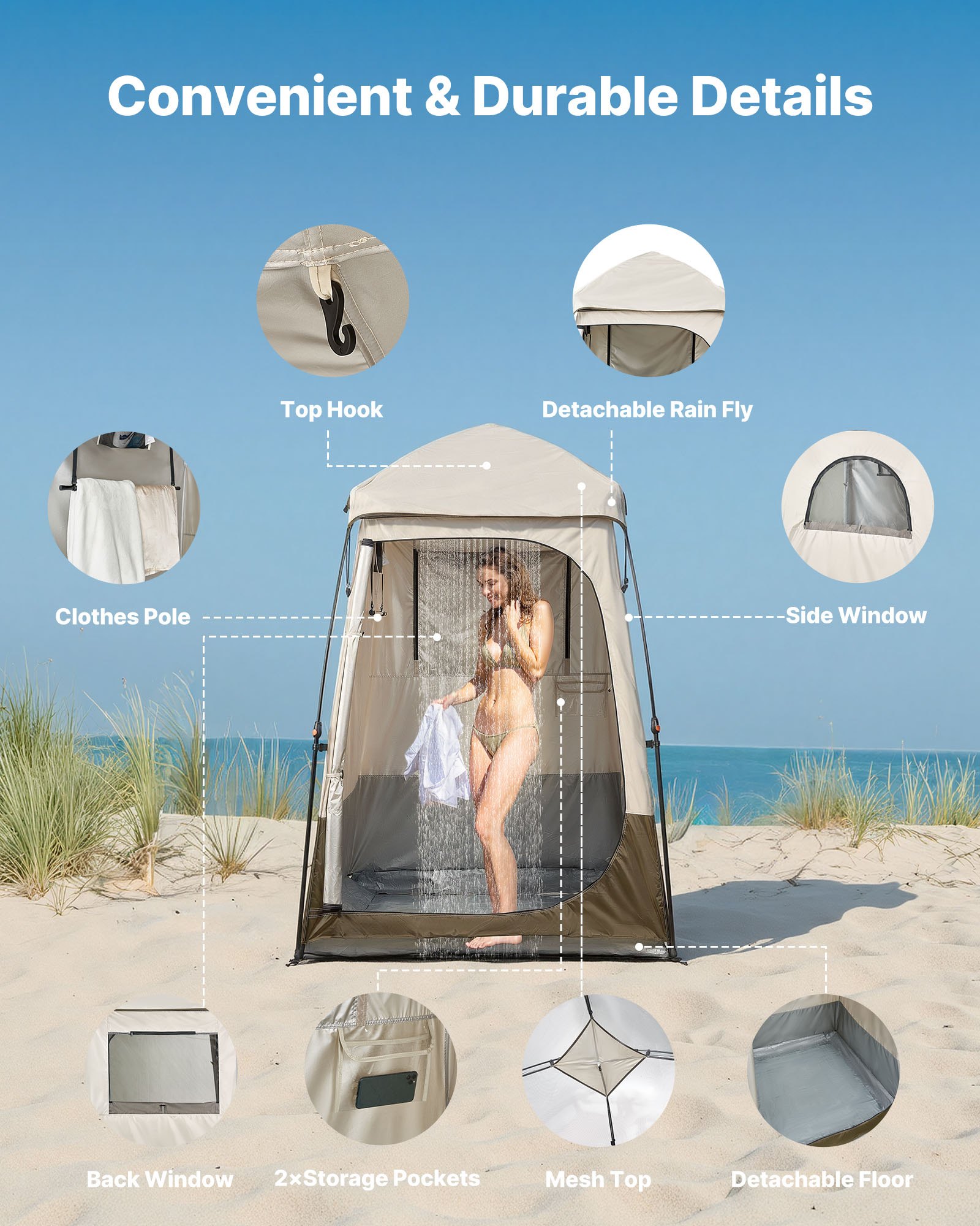 VEVOR 1-kamer douchetent, waterdichte toilettent (145x145x215 cm), omkleedtent incl. haringen, touwen, draagtas en dwarsbalk, gemaakt van 210D Oxford-stof voor kamperen, strand, vissen, kaki