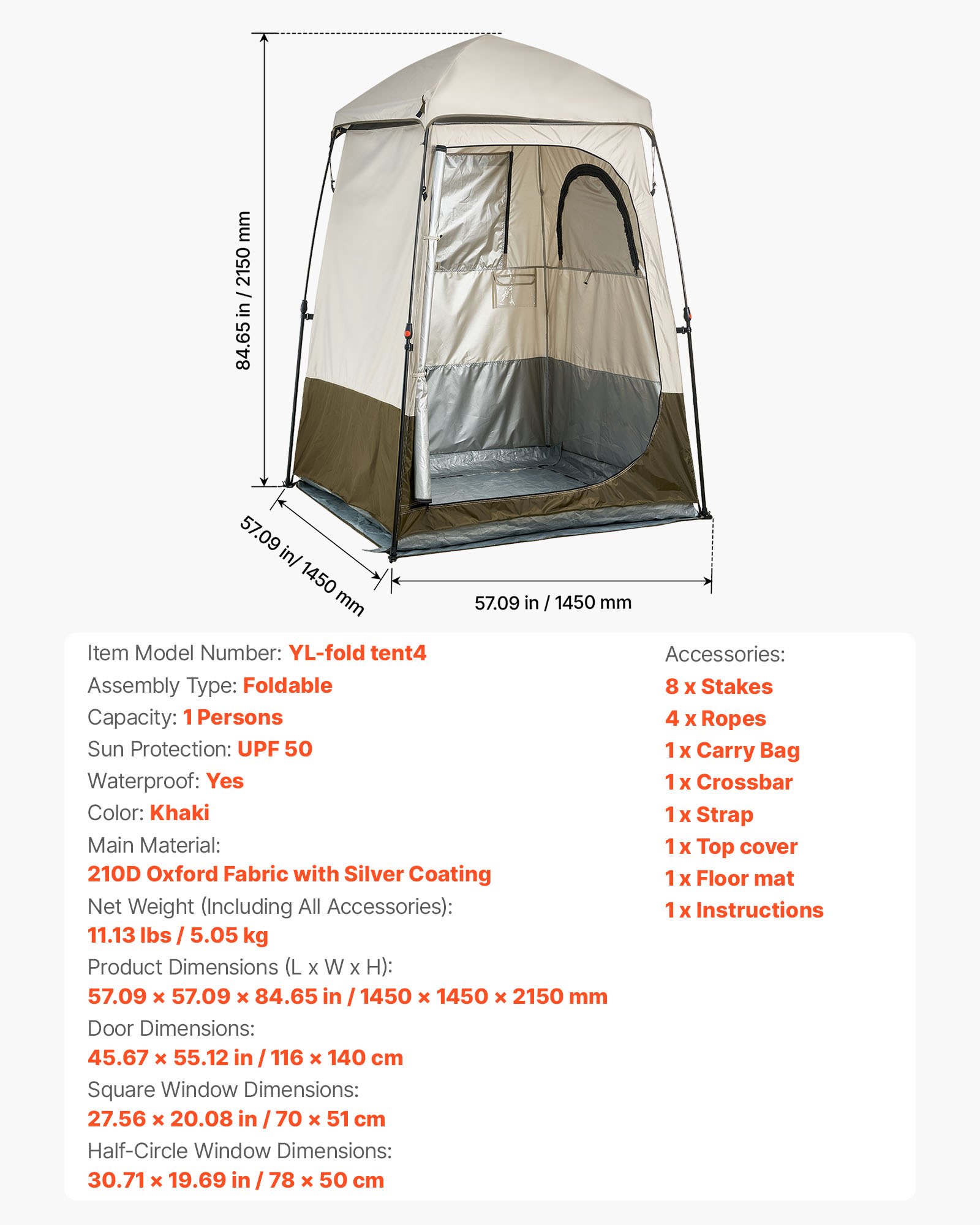 VEVOR 1-kamer douchetent, waterdichte toilettent (145x145x215 cm), omkleedtent incl. haringen, touwen, draagtas en dwarsbalk, gemaakt van 210D Oxford-stof voor kamperen, strand, vissen, kaki