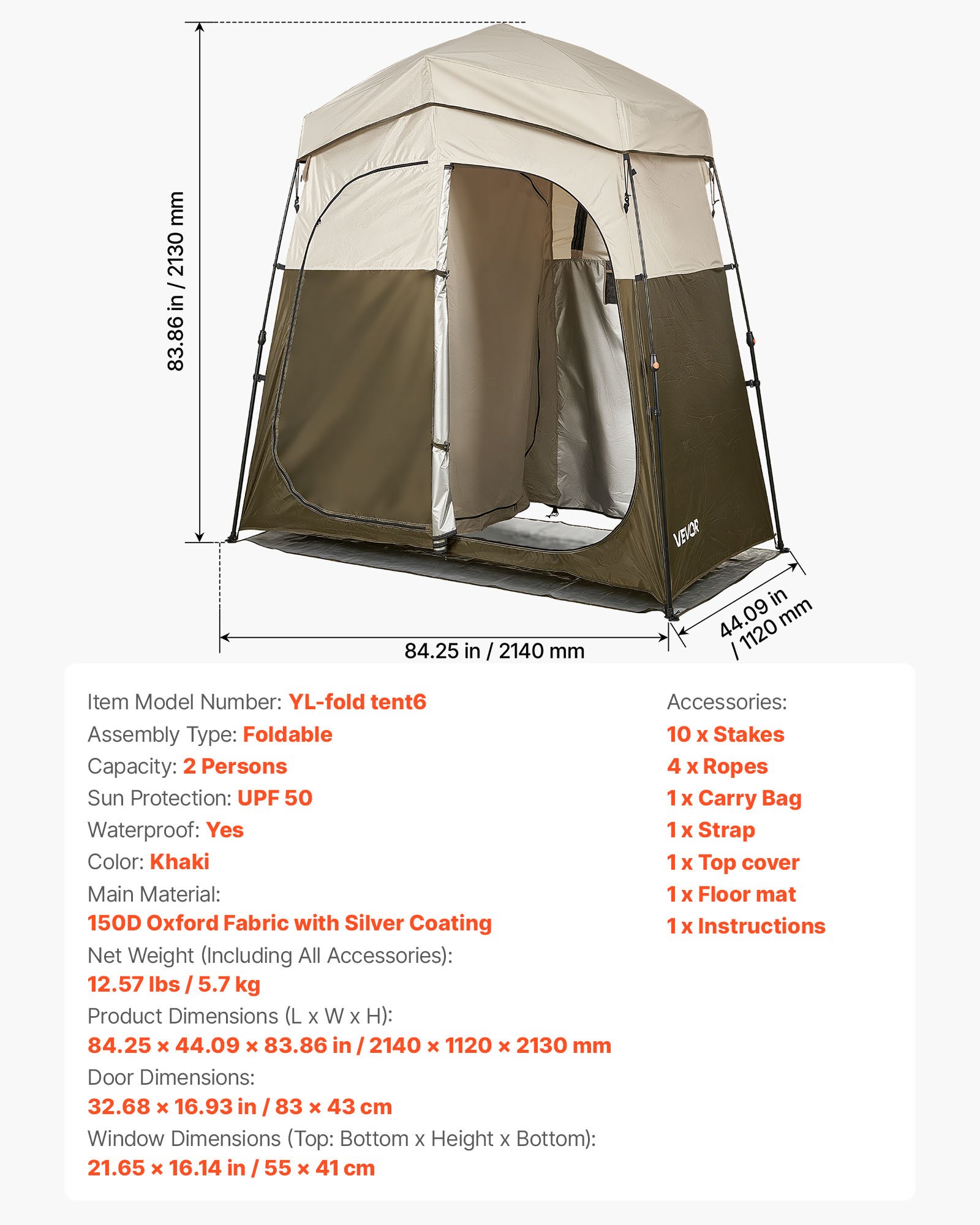 VEVOR Camping Shower Tent, 2-Room Foldable Portable Privacy Tent Changing Room with Ground Stakes, Ropes, and Carry Bag, 150D Oxford Fabric with Silver Coating, for Camping, Beach, and Fishing