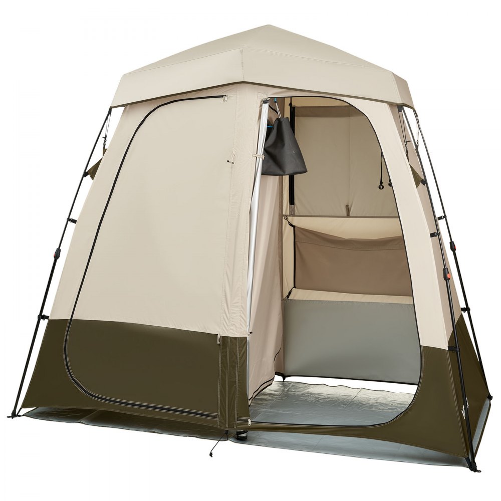 VEVOR 2-kamer douchetent, toilettent (250x122x218 cm) met privacyscherm, omkleedtent inclusief haringen, touwen, draagtas en dwarsbalk, gemaakt van 150D Oxford-stof, geschikt voor kamperen, strand, vissen, kaki
