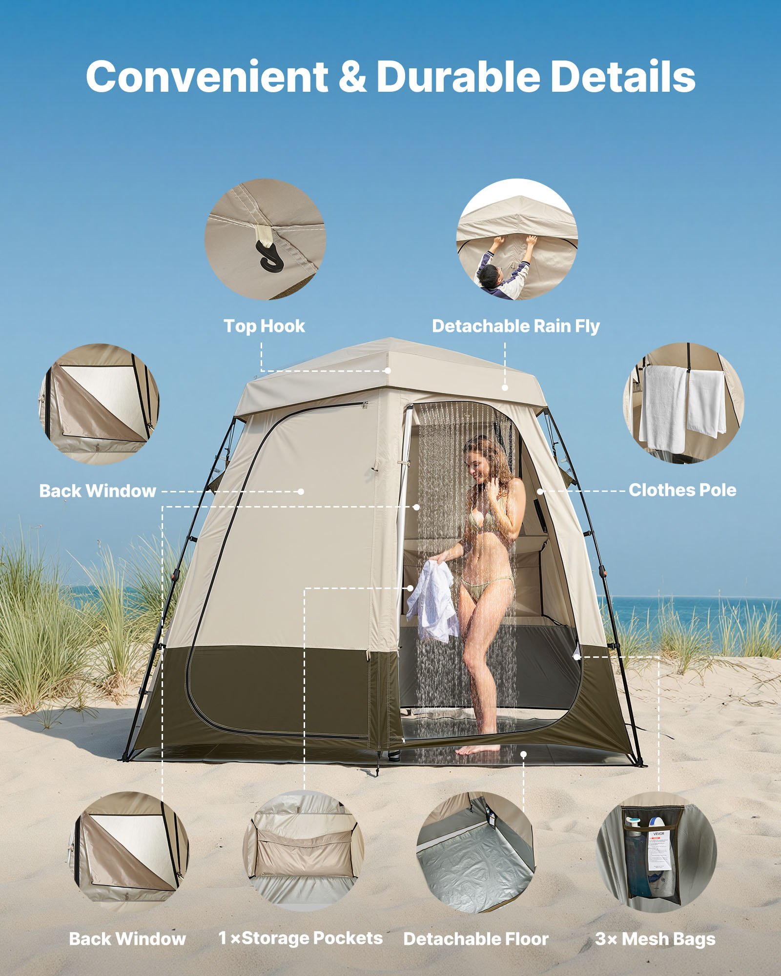 VEVOR 2-kamer douchetent, toilettent (250x122x218 cm) met privacyscherm, omkleedtent inclusief haringen, touwen, draagtas en dwarsbalk, gemaakt van 150D Oxford-stof, geschikt voor kamperen, strand, vissen, kaki