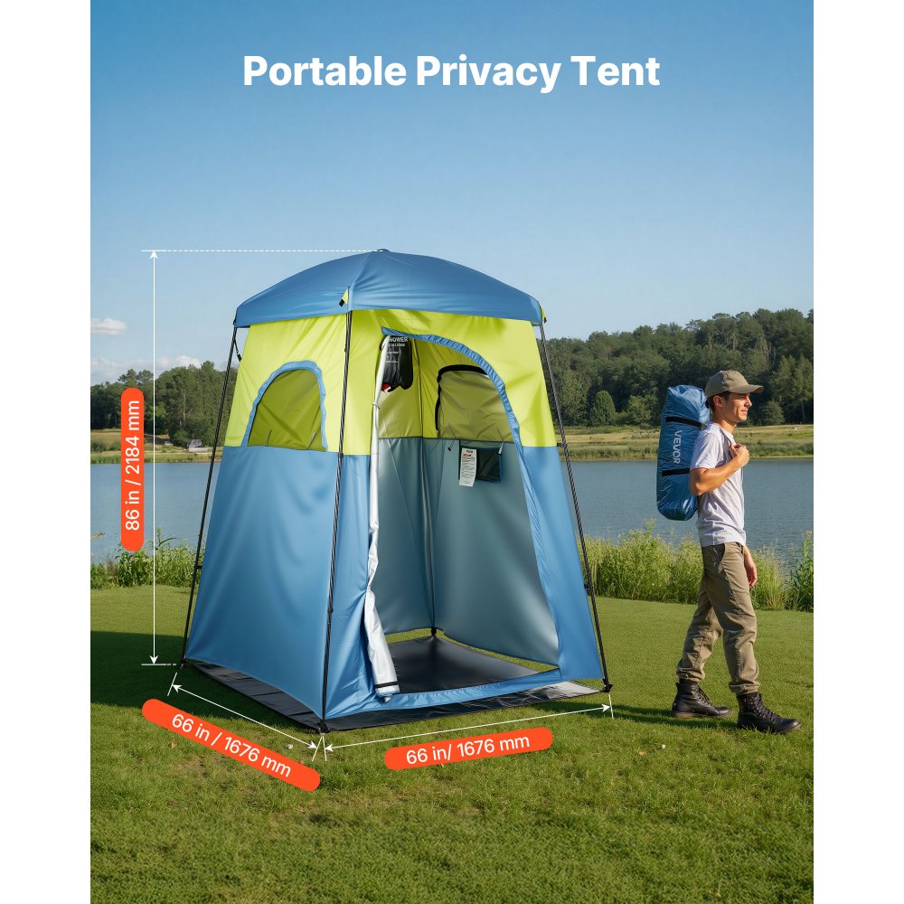 VEVOR Camping Shower Tent, 1 Room, Portable Privacy Tent Changing Room with Shower Bag, Ground Stakes, Ropes, Carry Bag, and Support Poles, 150D Oxford Fabric with Silver Coating, for Camping, Fishing