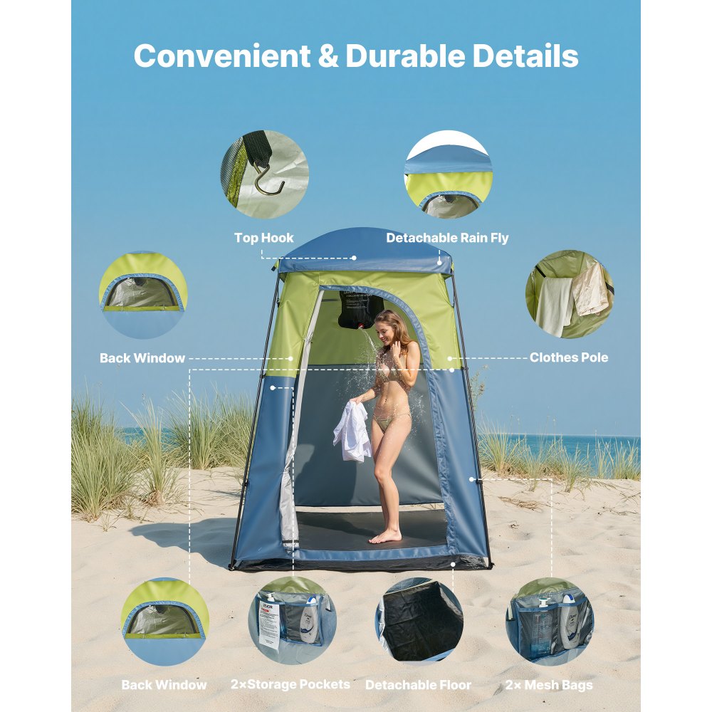 VEVOR Camping Shower Tent, 1 Room, Portable Privacy Tent Changing Room with Shower Bag, Ground Stakes, Ropes, Carry Bag, and Support Poles, 150D Oxford Fabric with Silver Coating, for Camping, Fishing