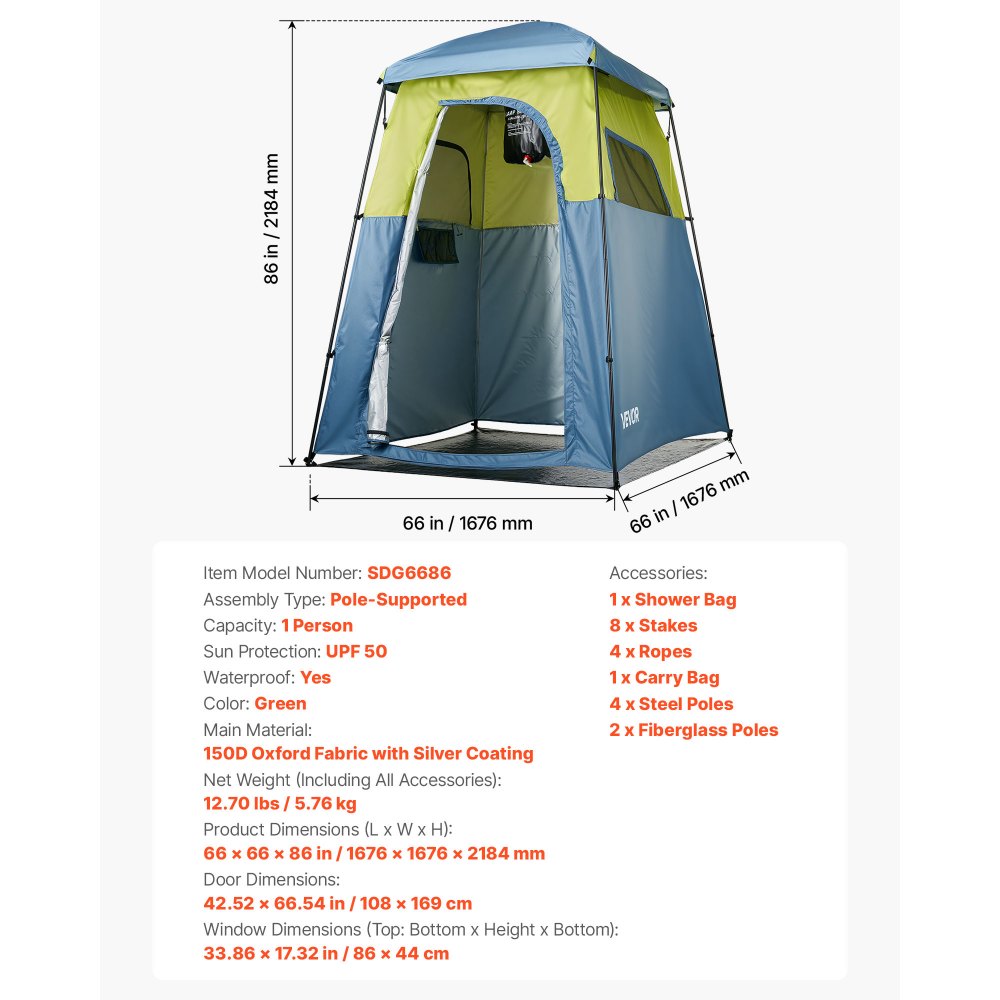VEVOR Camping Shower Tent, 1 Room, Portable Privacy Tent Changing Room with Shower Bag, Ground Stakes, Ropes, Carry Bag, and Support Poles, 150D Oxford Fabric with Silver Coating, for Camping, Fishing