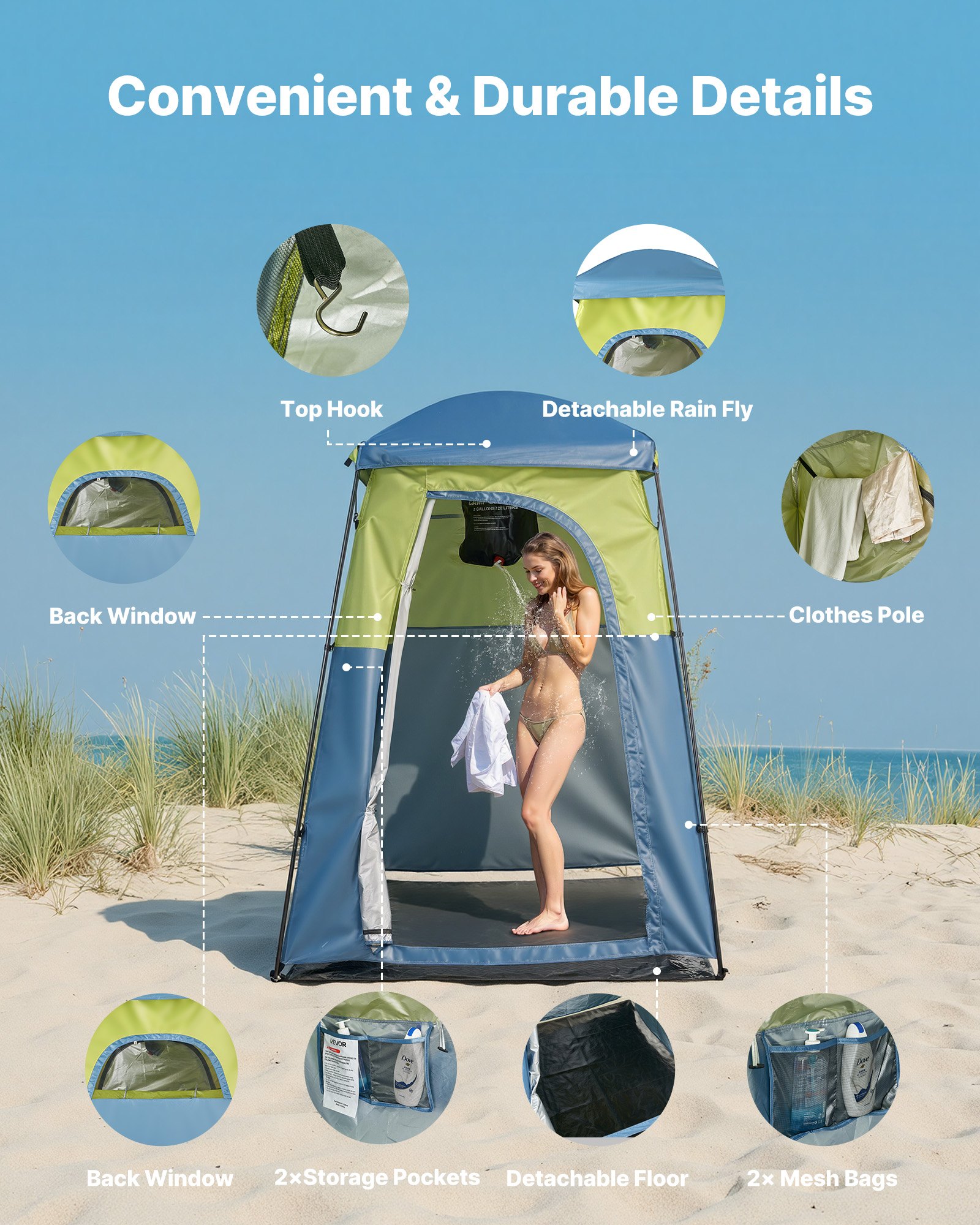 VEVOR Camping Shower Tent, 1 Room, Portable Privacy Tent Changing Room with Shower Bag, Ground Stakes, Ropes, Carry Bag, and Support Poles, 150D Oxford Fabric with Silver Coating, for Camping, Fishing
