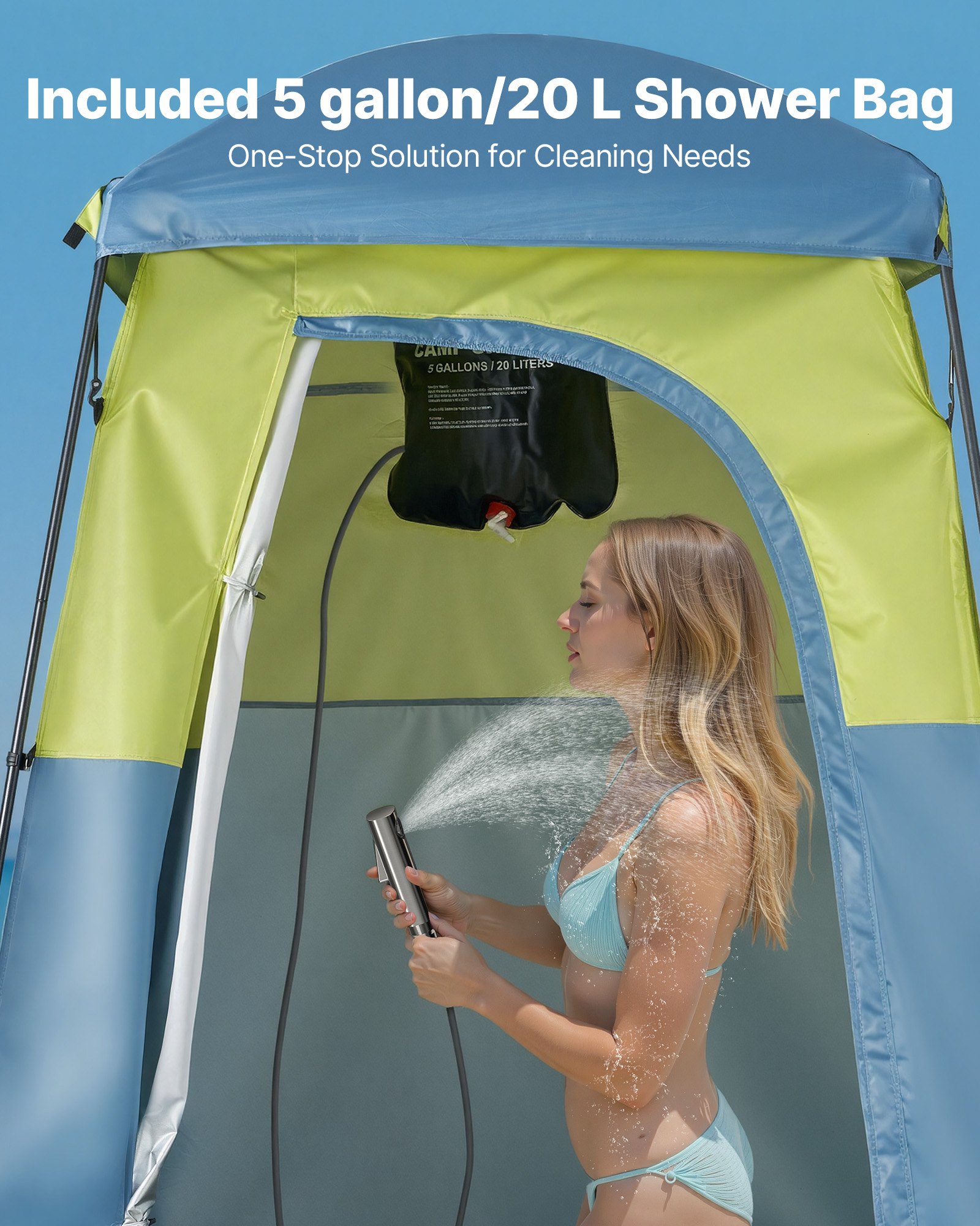 VEVOR Camping Shower Tent, 1 Room, Portable Privacy Tent Changing Room with Shower Bag, Ground Stakes, Ropes, Carry Bag, and Support Poles, 150D Oxford Fabric with Silver Coating, for Camping, Fishing