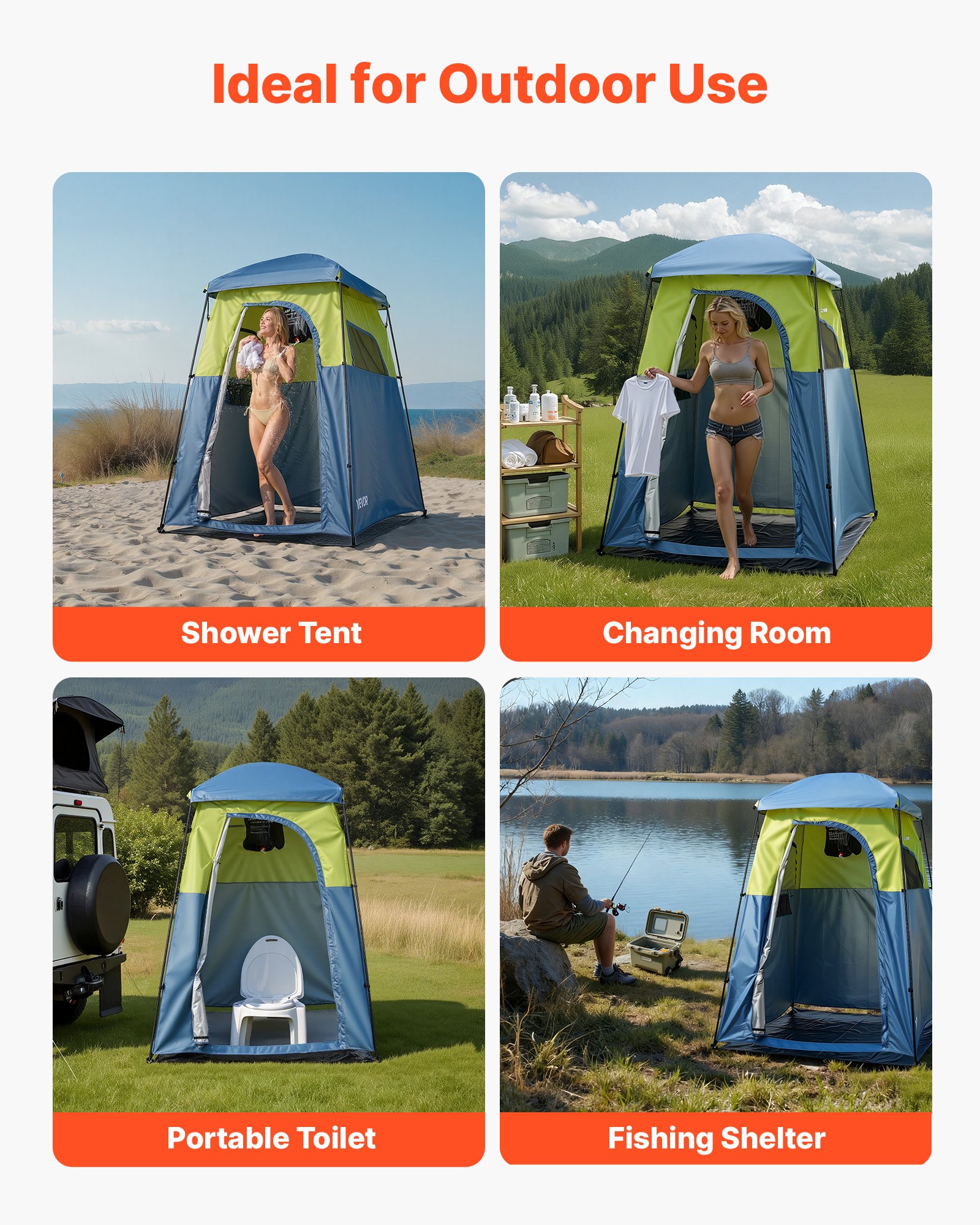 VEVOR Camping Shower Tent, 1 Room, Portable Privacy Tent Changing Room with Shower Bag, Ground Stakes, Ropes, Carry Bag, and Support Poles, 150D Oxford Fabric with Silver Coating, for Camping, Fishing