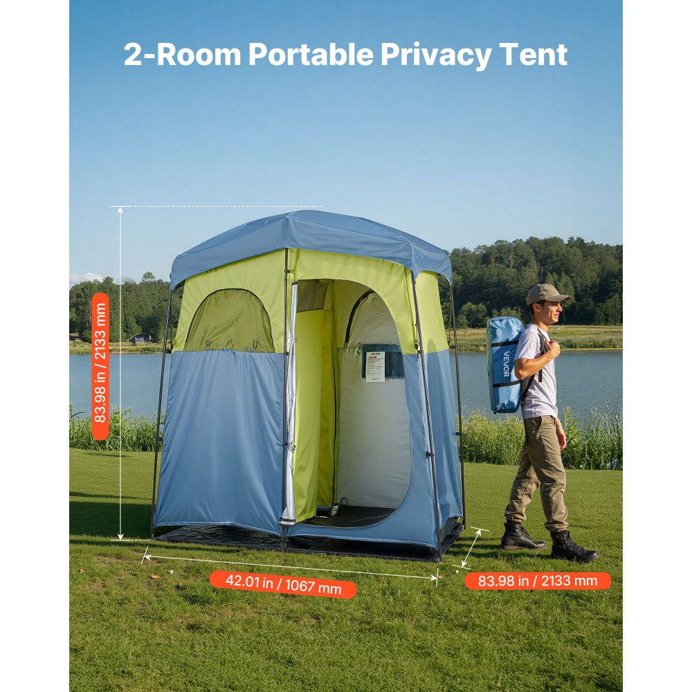 VEVOR Camping Shower Tent, 2-Room Portable Privacy Tent Changing Room with Shower Bag, Ground Stakes, Ropes, Carry Bag, and Support Poles, 150D Oxford Fabric with Silver Coating, for Camping, Fishing