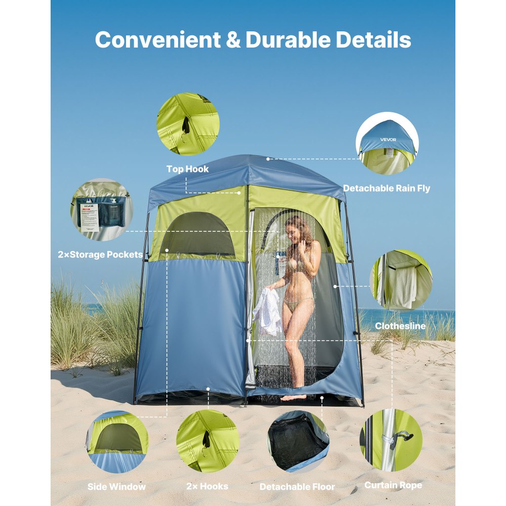 VEVOR Camping Shower Tent, 2-Room Portable Privacy Tent Changing Room with Shower Bag, Ground Stakes, Ropes, Carry Bag, and Support Poles, 150D Oxford Fabric with Silver Coating, for Camping, Fishing