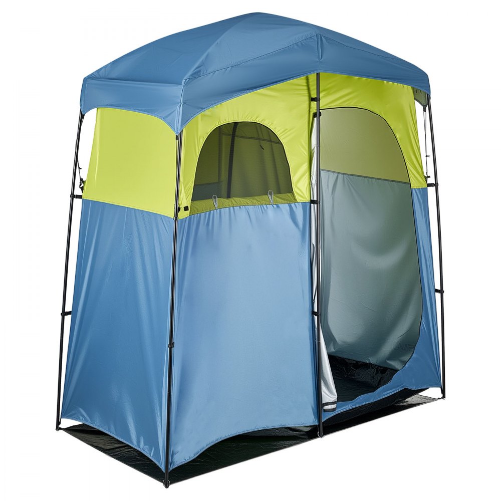 VEVOR Camping Shower Tent, 2-Room Portable Privacy Tent Changing Room with Shower Bag, Ground Stakes, Ropes, Carry Bag, and Support Poles, 150D Oxford Fabric with Silver Coating, for Camping, Fishing