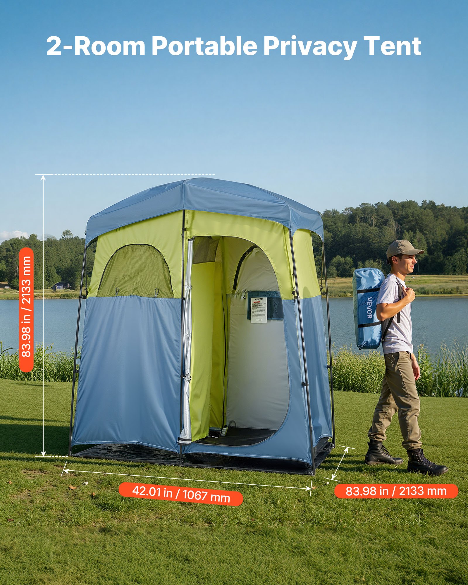 VEVOR Camping Shower Tent, 2-Room Portable Privacy Tent Changing Room with Shower Bag, Ground Stakes, Ropes, Carry Bag, and Support Poles, 150D Oxford Fabric with Silver Coating, for Camping, Fishing