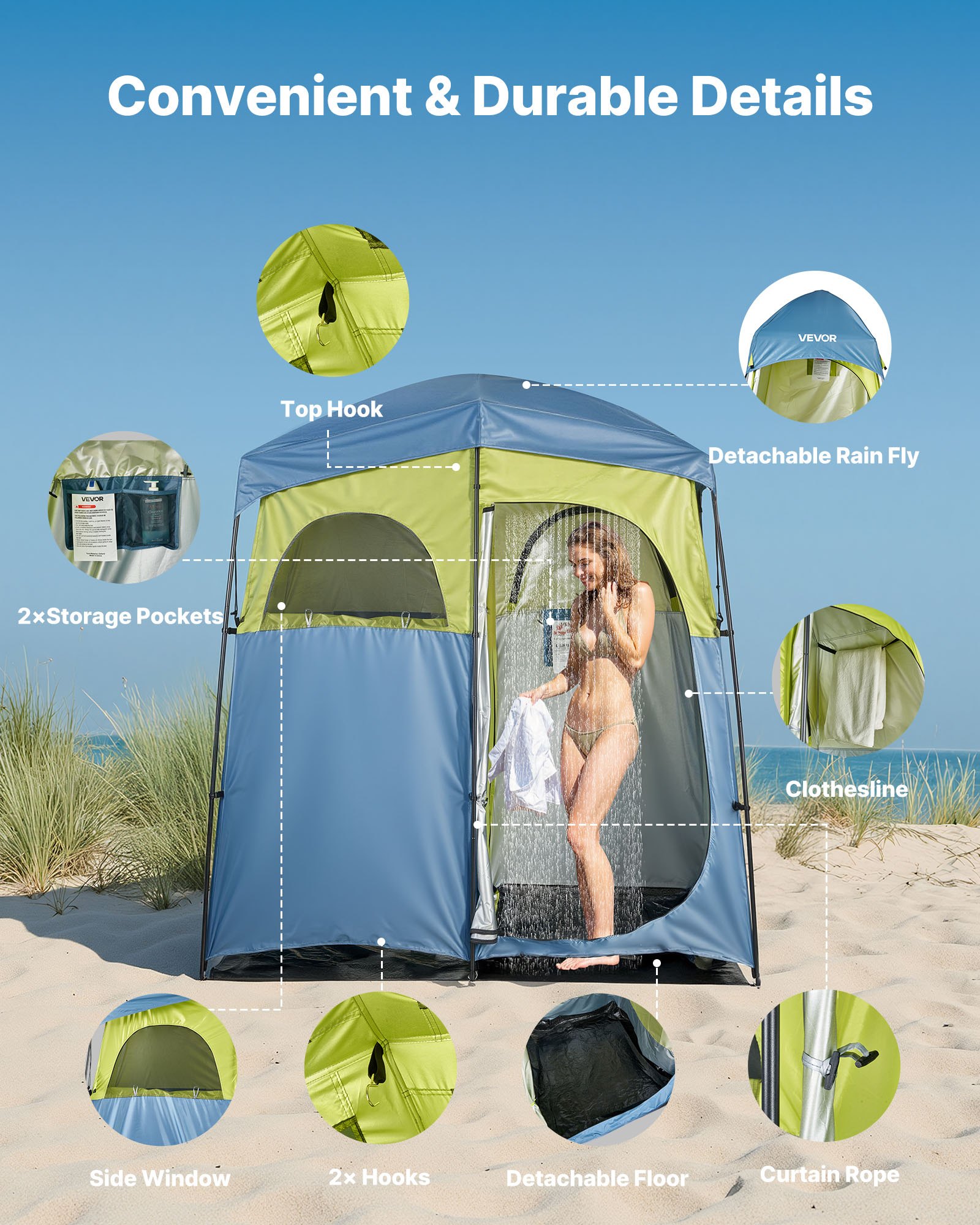 VEVOR Camping Shower Tent, 2-Room Portable Privacy Tent Changing Room with Shower Bag, Ground Stakes, Ropes, Carry Bag, and Support Poles, 150D Oxford Fabric with Silver Coating, for Camping, Fishing