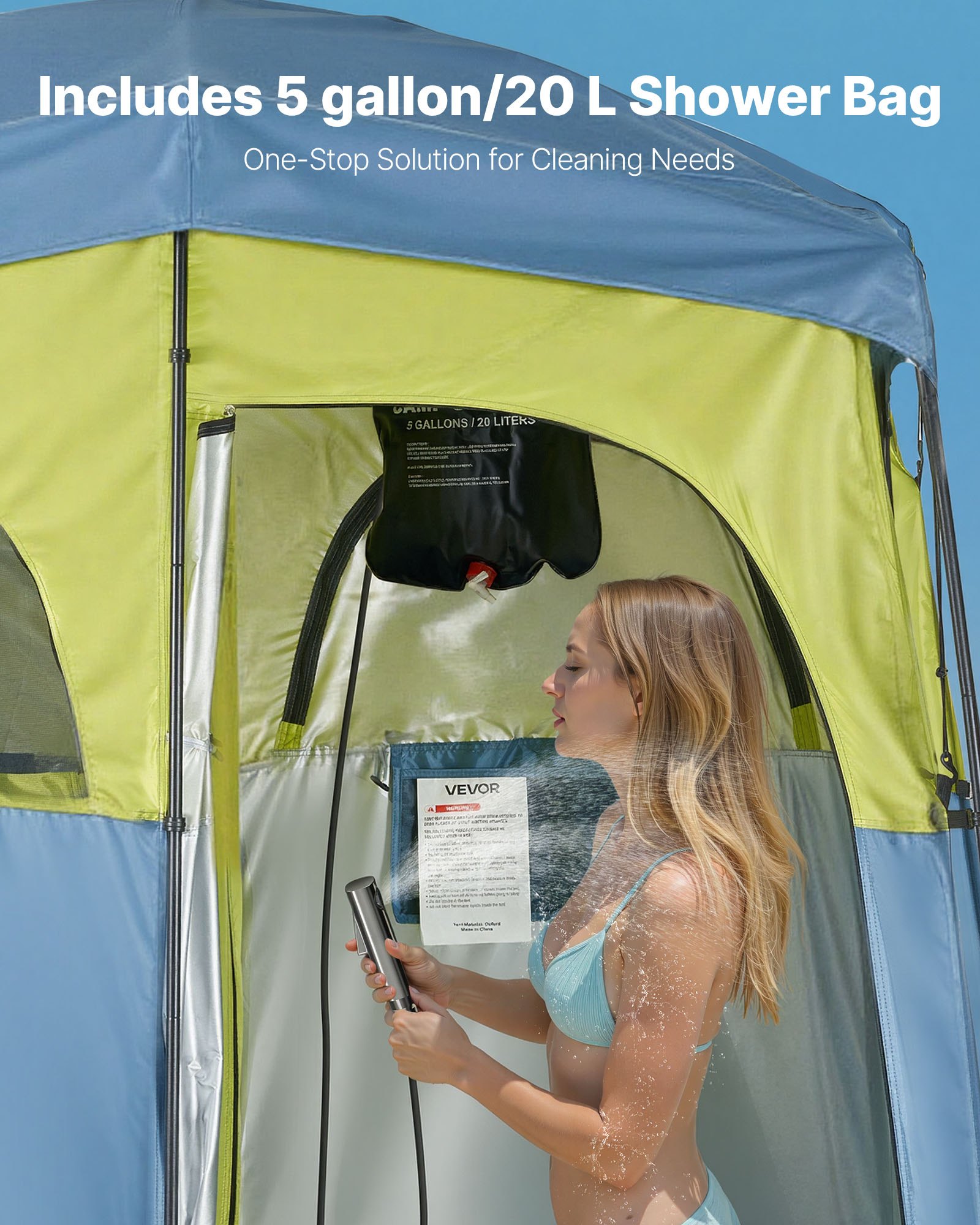 VEVOR Camping Shower Tent, 2-Room Portable Privacy Tent Changing Room with Shower Bag, Ground Stakes, Ropes, Carry Bag, and Support Poles, 150D Oxford Fabric with Silver Coating, for Camping, Fishing