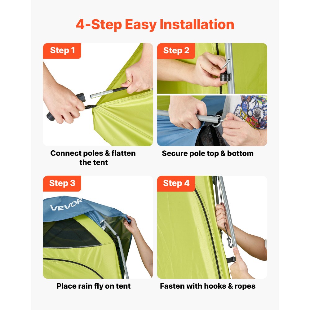 VEVOR 1-kamer douchetent, toilettent (1397x1397x2184 mm) omkleedtent incl. haringen, touwen, draagtas en stalen stok, gemaakt van 200D Oxford-stof voor kamperen, strand, vissen, groen