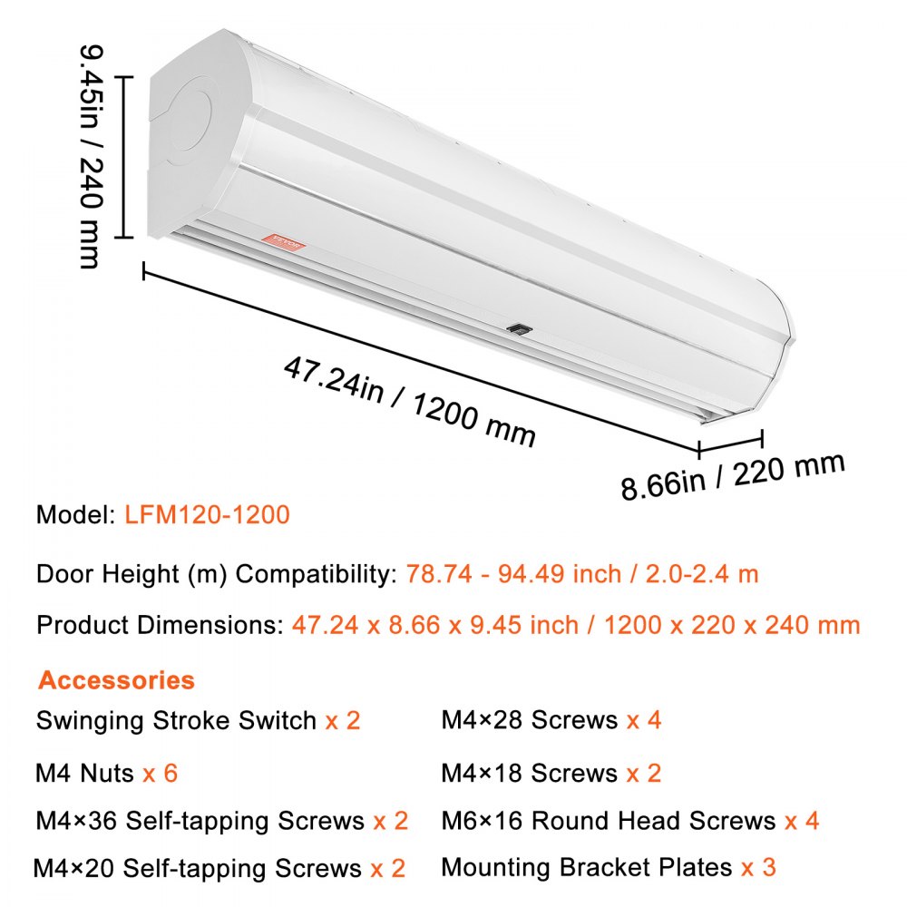 VEVOR 1.2m Commercial Indoor Air Curtain Super Power 2 Speeds 2038m³/h, UL Certified Wall Mounted Air Curtains for Doors, Indoor Over Door Fan with Heavy Duty Limit Switch, Easy-Install Unheated