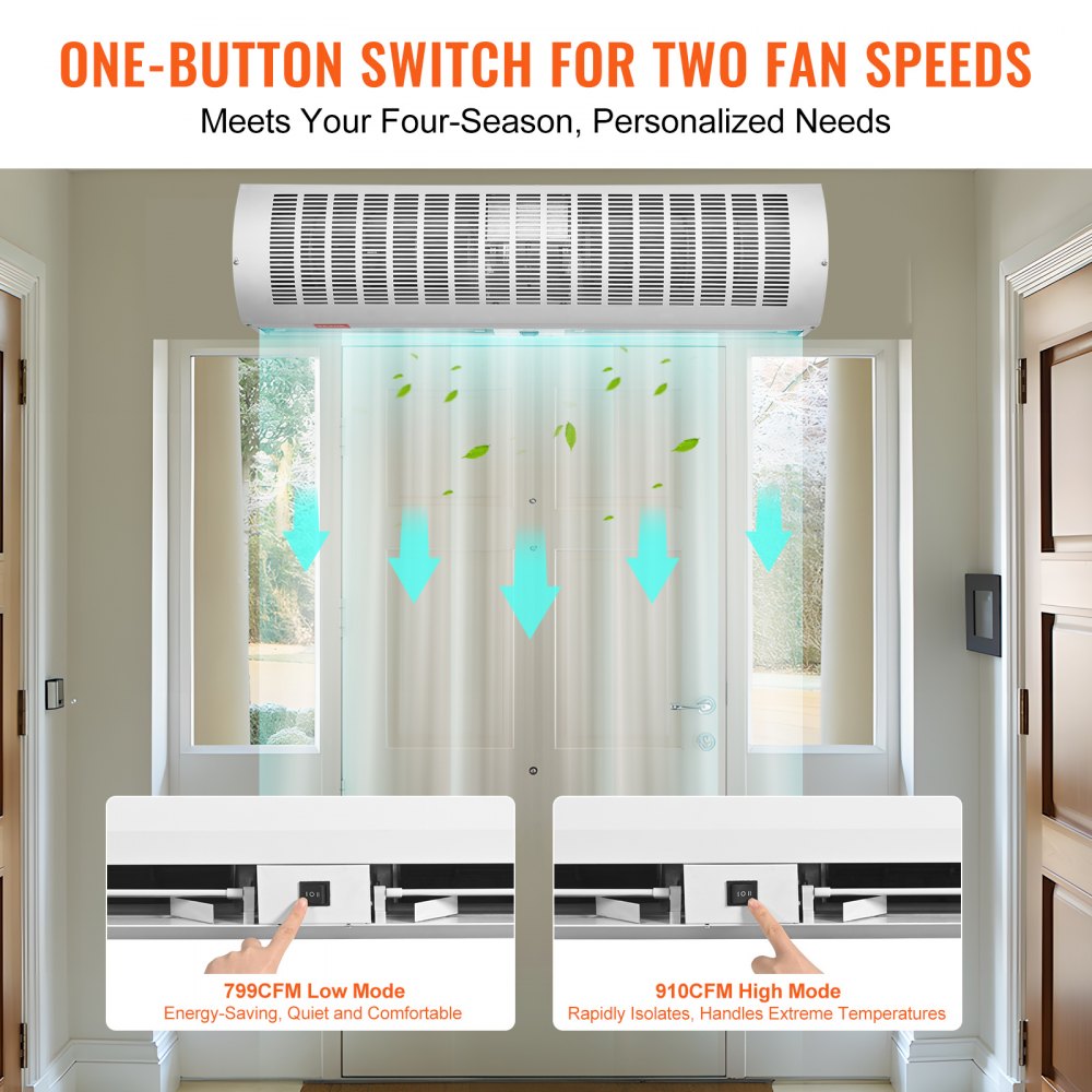 VEVOR 0,9 m Commercieel Binnenluchtgordijn Super Power 2 Snelheden 2038 m³/u, Aan de muur te monteren luchtgordijnen voor deuren, Binnenventilator voor over de deur met robuuste eindschakelaar, Eenvoudig te installeren
