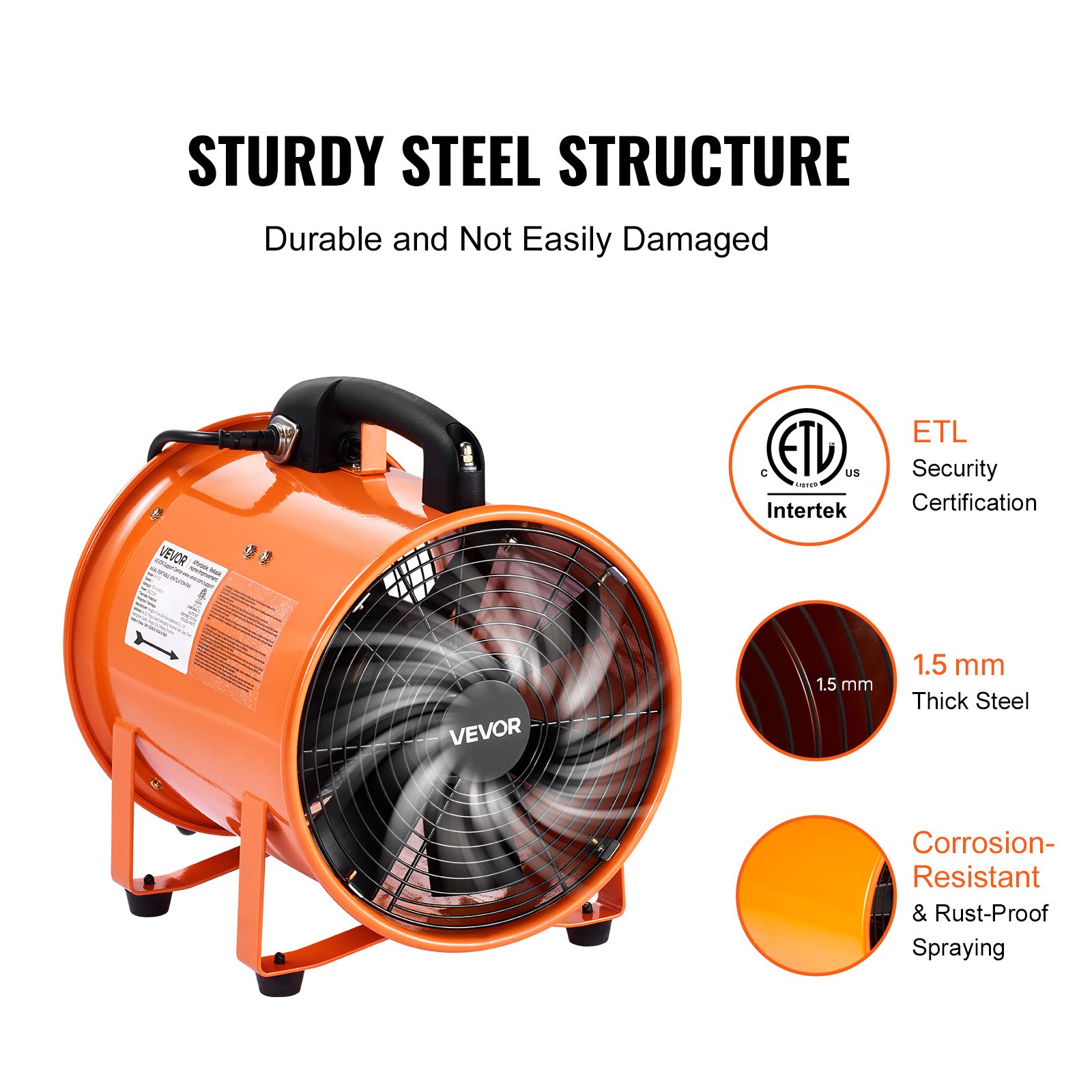 VEVOR 25.4cm Portable Ventilator, 2 Speed Industrial Utility Blower Fan with 10m Flexible Duct Hose, Exhaust Axial Fan for Basements, Workshops, Warehouses , and Confined Spaces, Orange