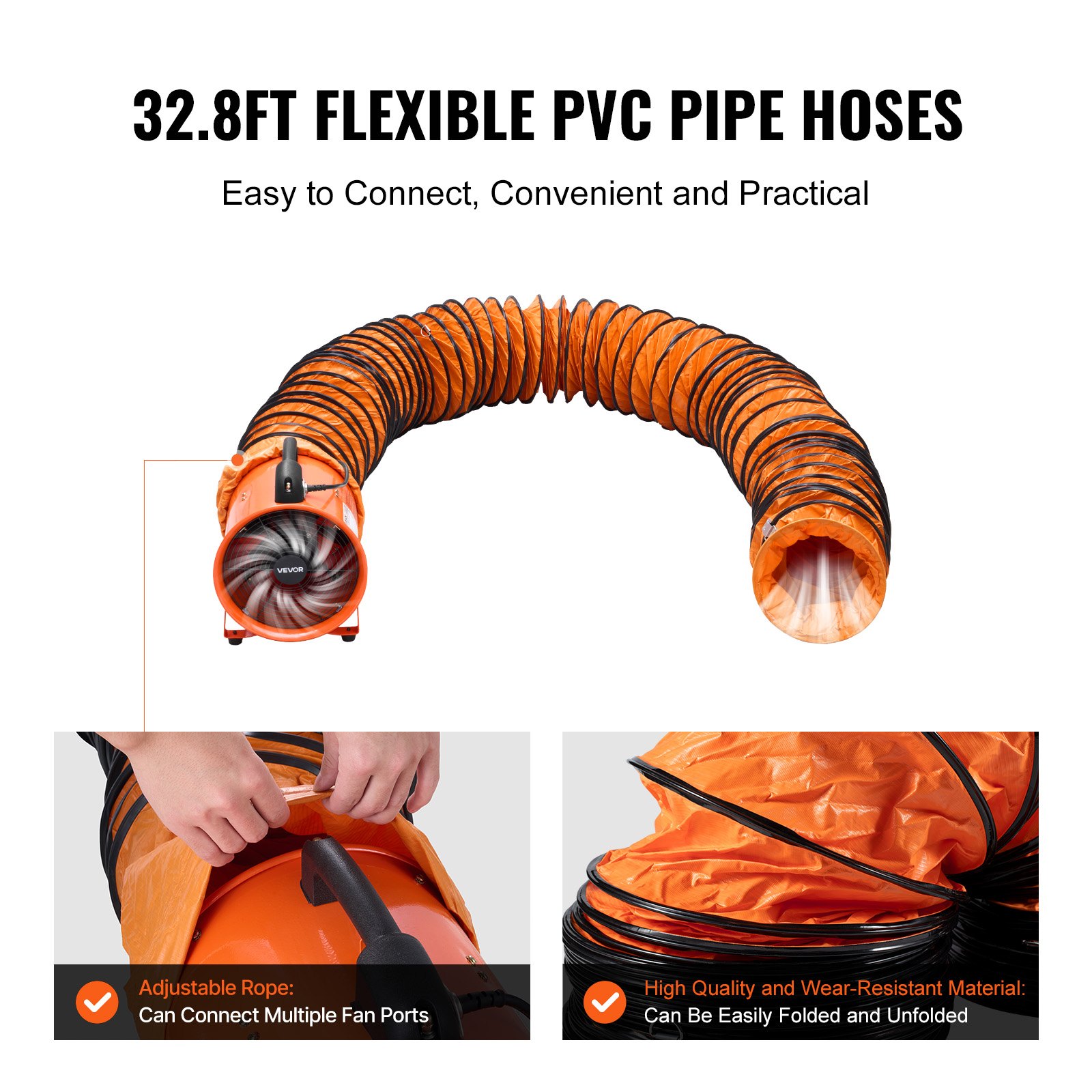 VEVOR 25.4cm Portable Ventilator, 2 Speed Industrial Utility Blower Fan with 10m Flexible Duct Hose, Exhaust Axial Fan for Basements, Workshops, Warehouses , and Confined Spaces, Orange