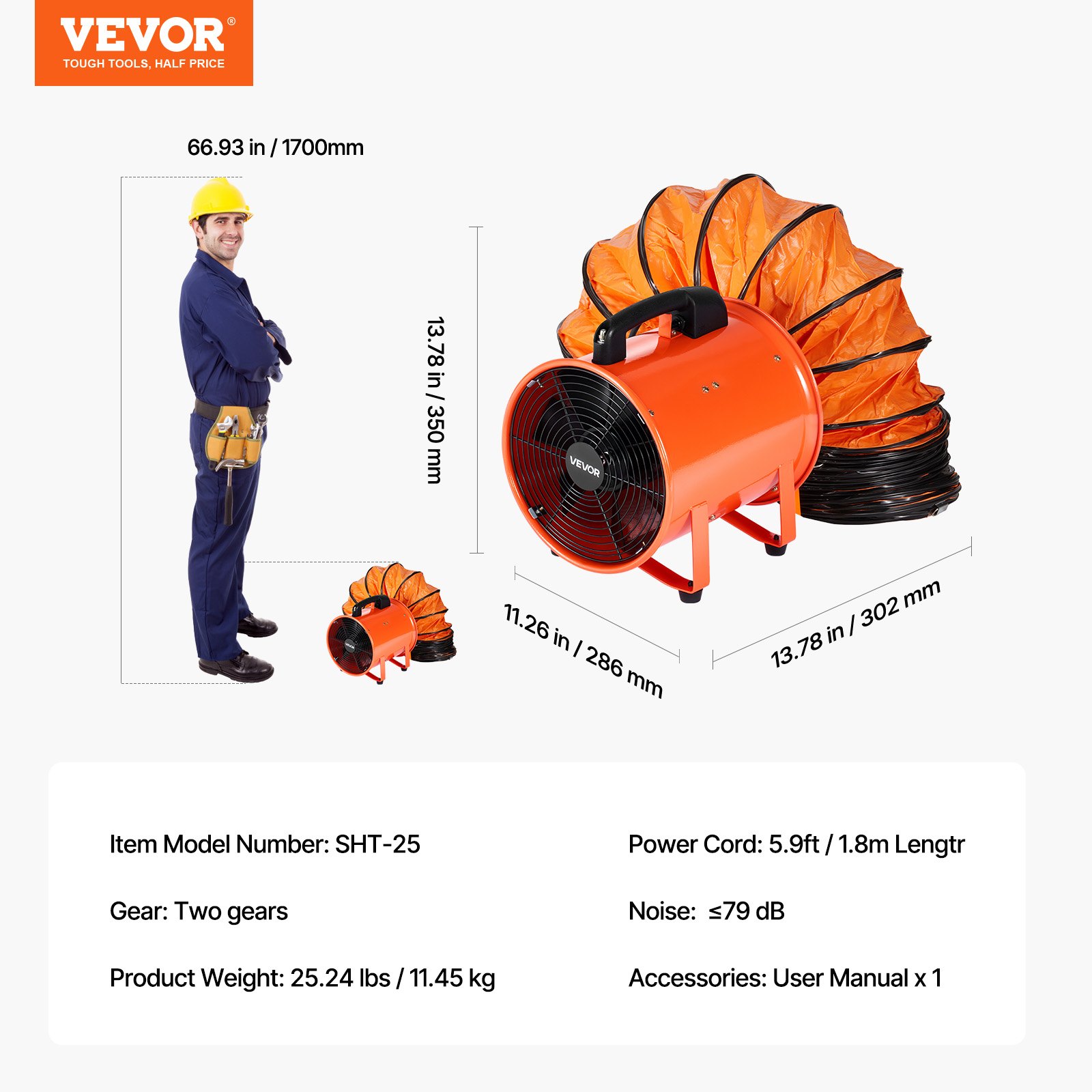 VEVOR 25.4cm Portable Ventilator, 2 Speed Industrial Utility Blower Fan with 10m Flexible Duct Hose, Exhaust Axial Fan for Basements, Workshops, Warehouses , and Confined Spaces, Orange