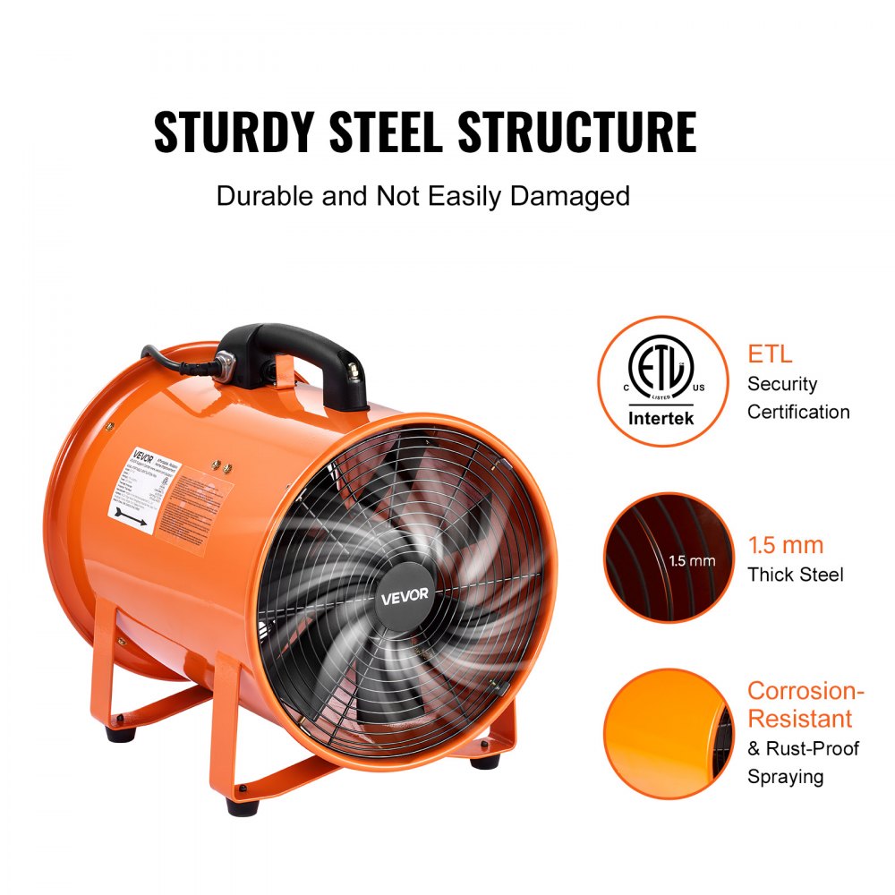 VEVOR Bouwventilator 300W AC-motor Bouwventilator 2810 RPM Bouwventilator Blaasvermogen 1214 L/s (2574 CFM) Axiale ventilator 10 m slang Axiale blazer Geluidsniveau 79 dB Industriële ventilator IP44